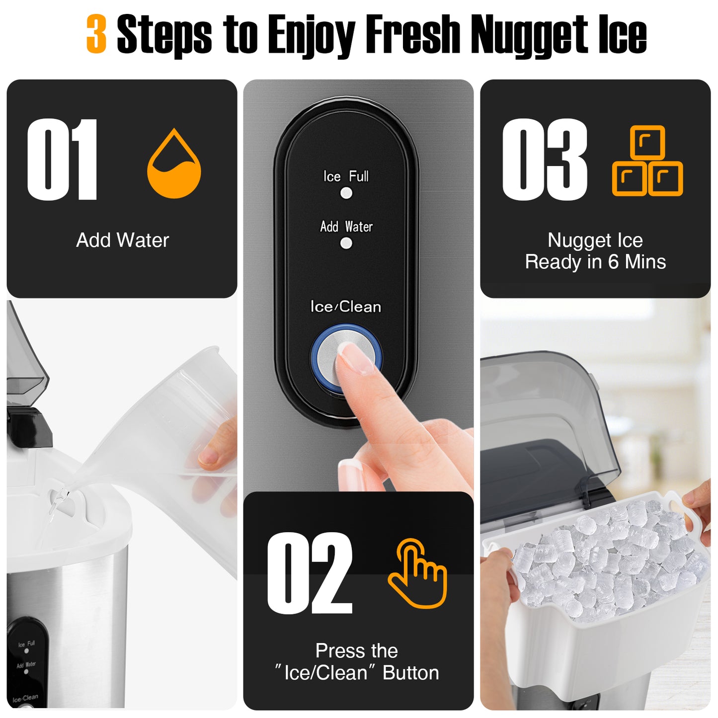 Nugget Countertop Ice Maker with Soft Chewable Pellet Ice-Silver Kids Crystal