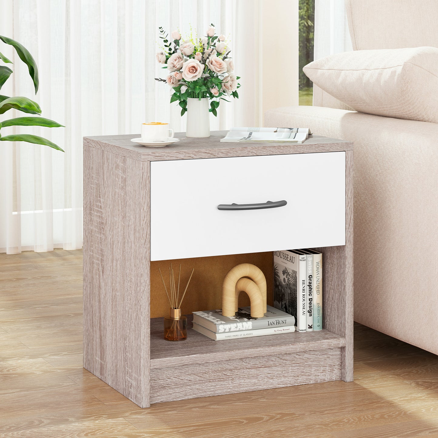 Bedside Table Nightstand with Drawer and Open Storage Shelf-Light Gray Kids Crystal