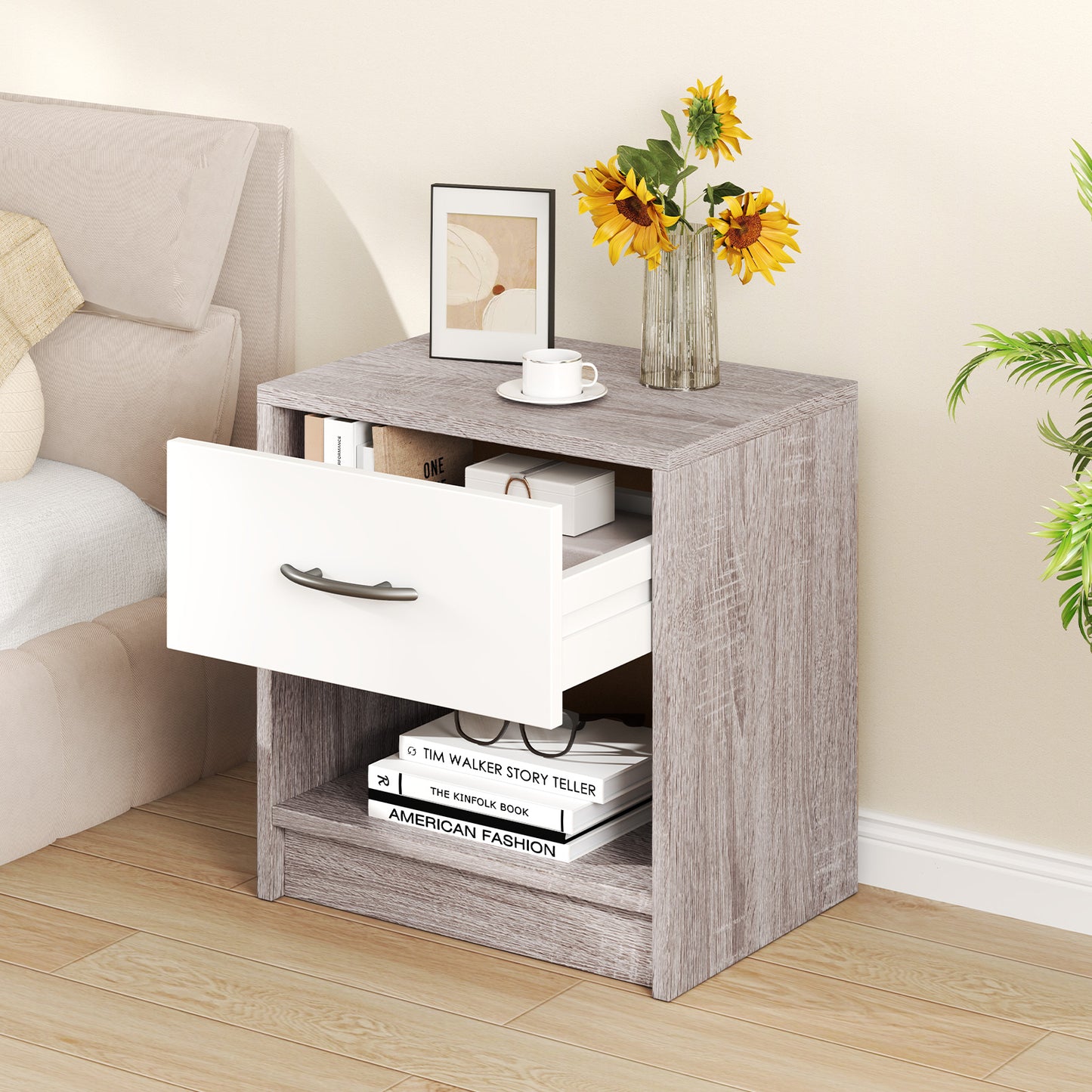 Bedside Table Nightstand with Drawer and Open Storage Shelf-Light Gray Kids Crystal