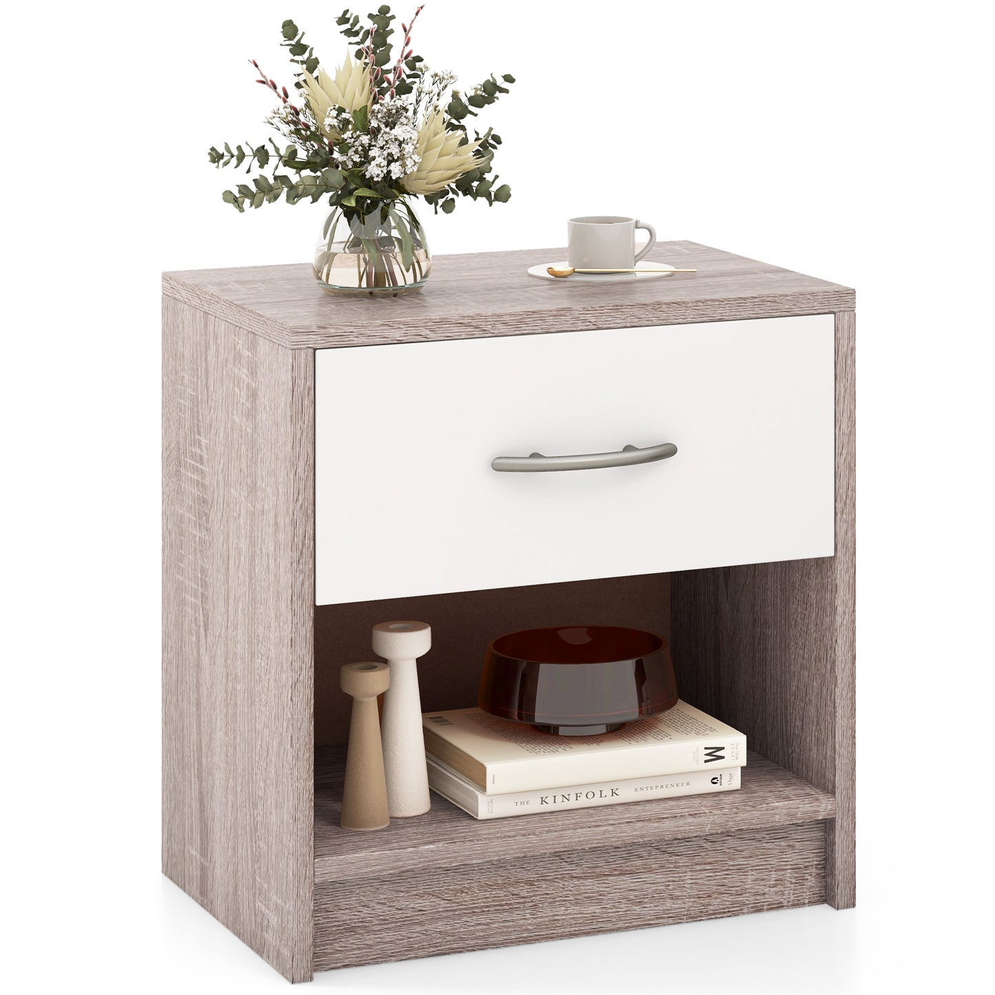 Bedside Table Nightstand with Drawer and Open Storage Shelf-Light Gray Kids Crystal