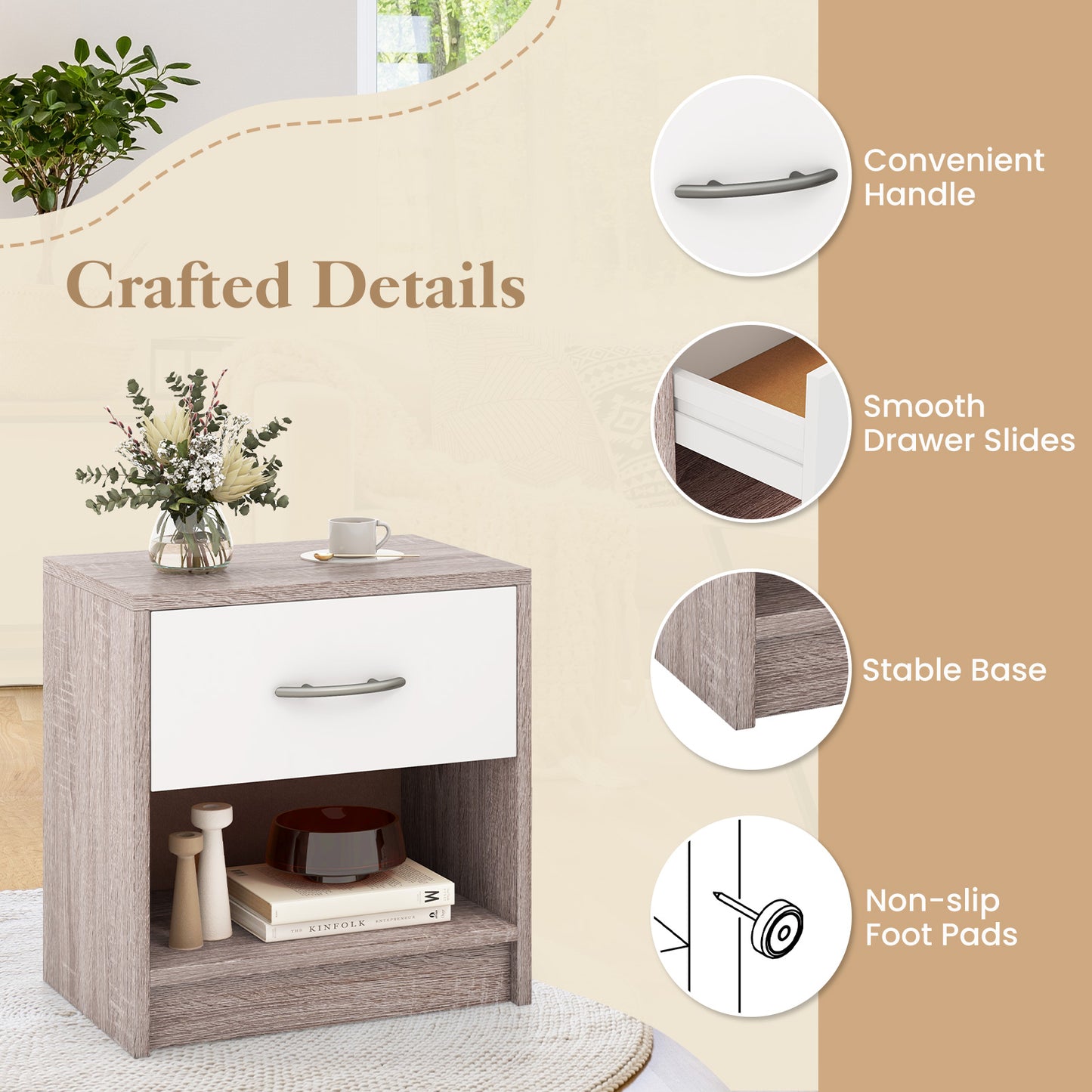 Bedside Table Nightstand with Drawer and Open Storage Shelf-Light Gray Kids Crystal