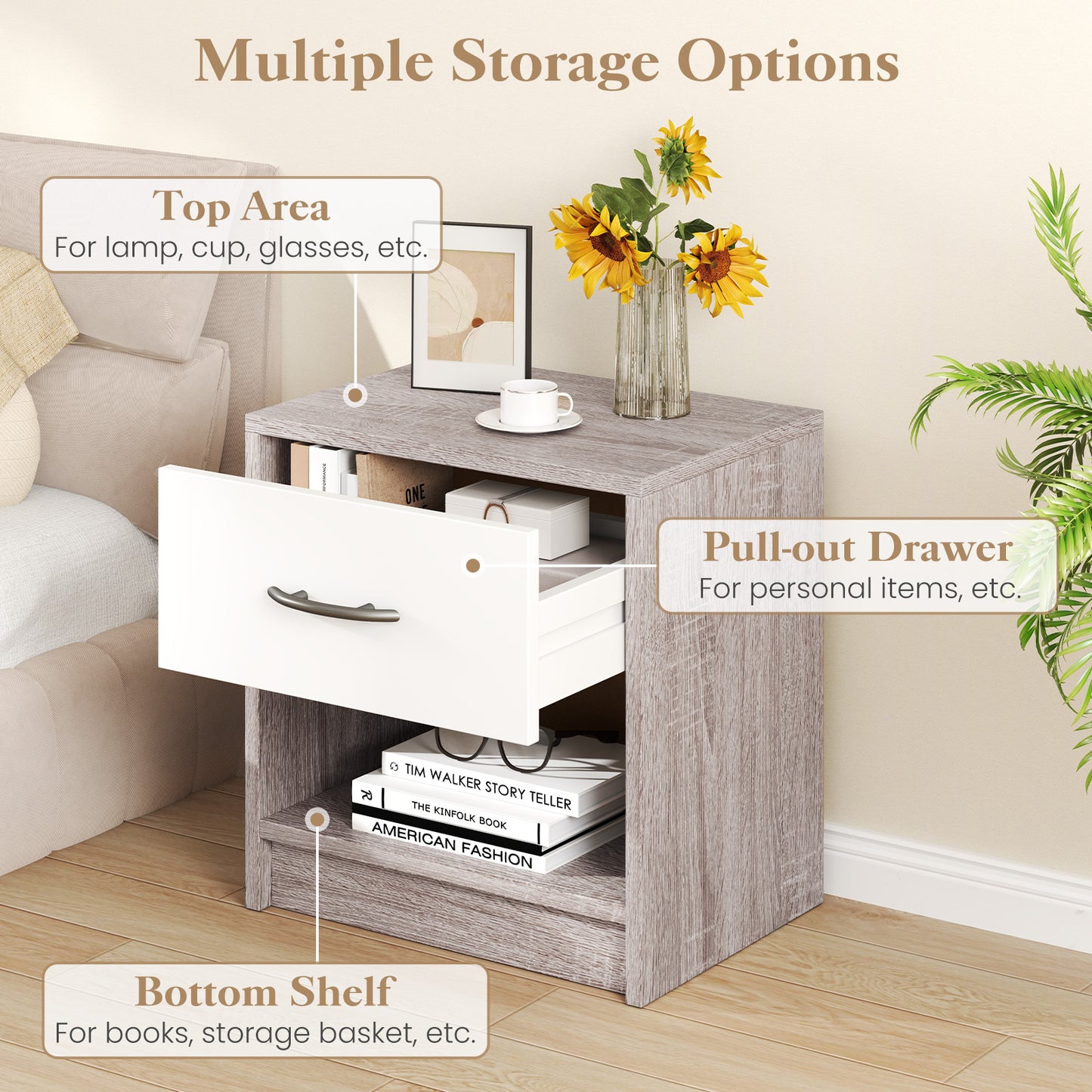 Bedside Table Nightstand with Drawer and Open Storage Shelf-Light Gray Kids Crystal