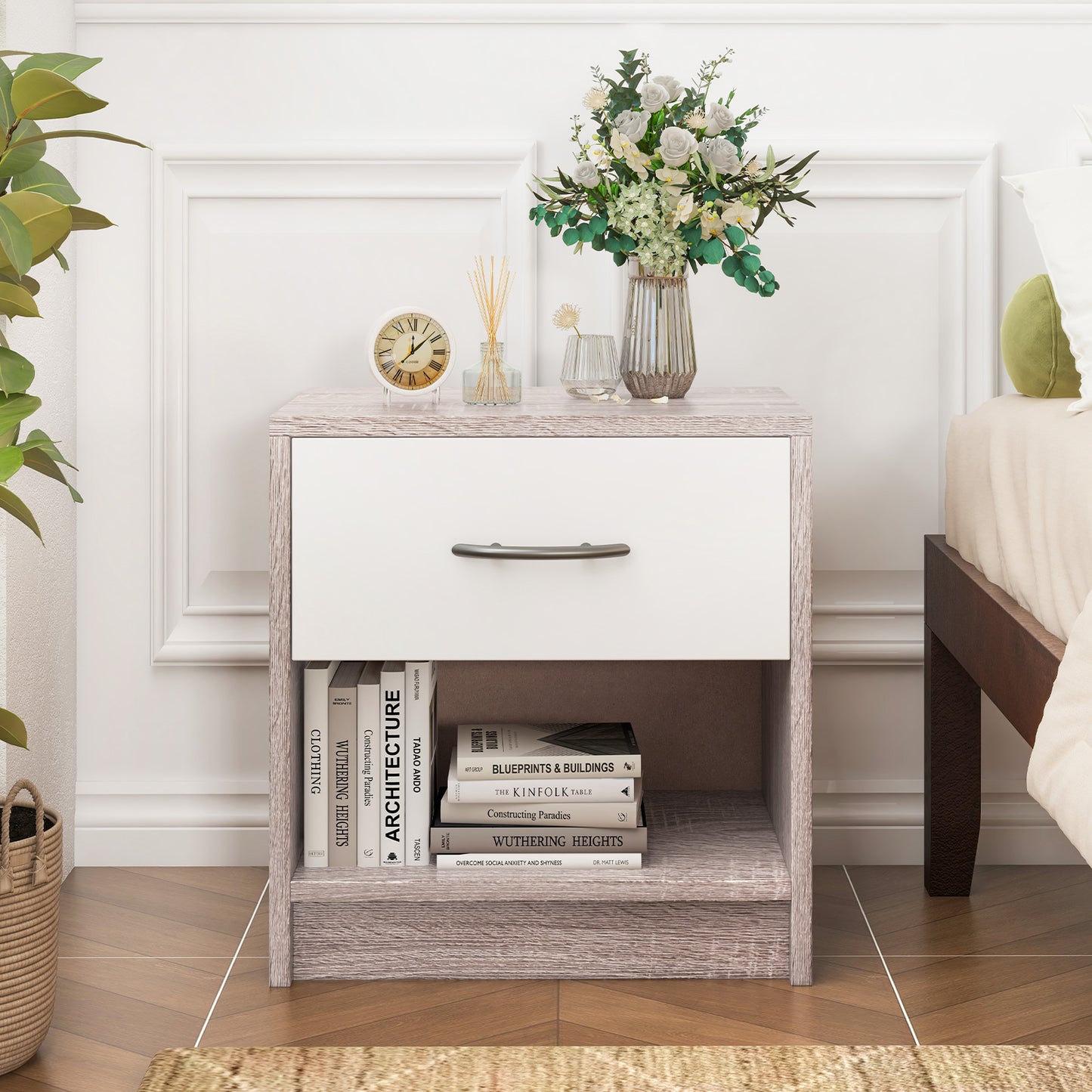 Bedside Table Nightstand with Drawer and Open Storage Shelf-Light Gray Kids Crystal