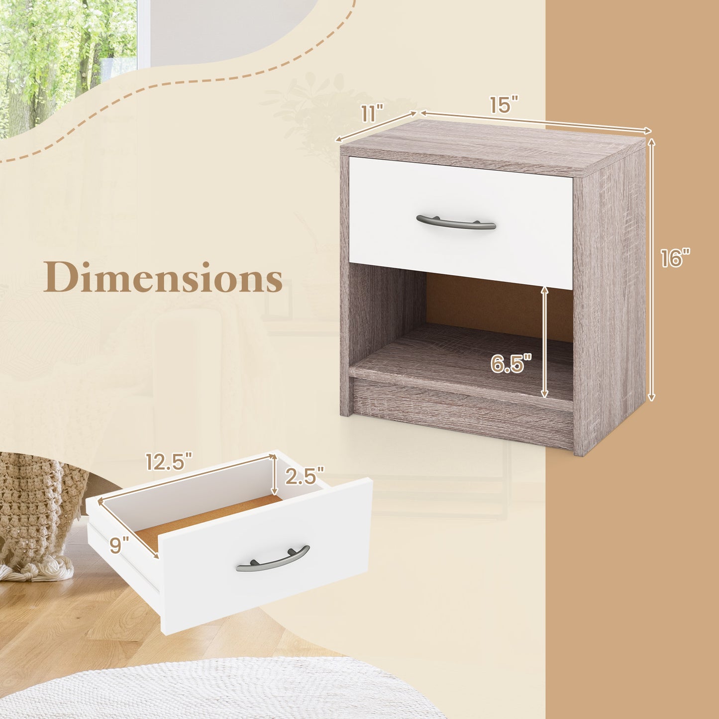 Bedside Table Nightstand with Drawer and Open Storage Shelf-Light Gray Kids Crystal