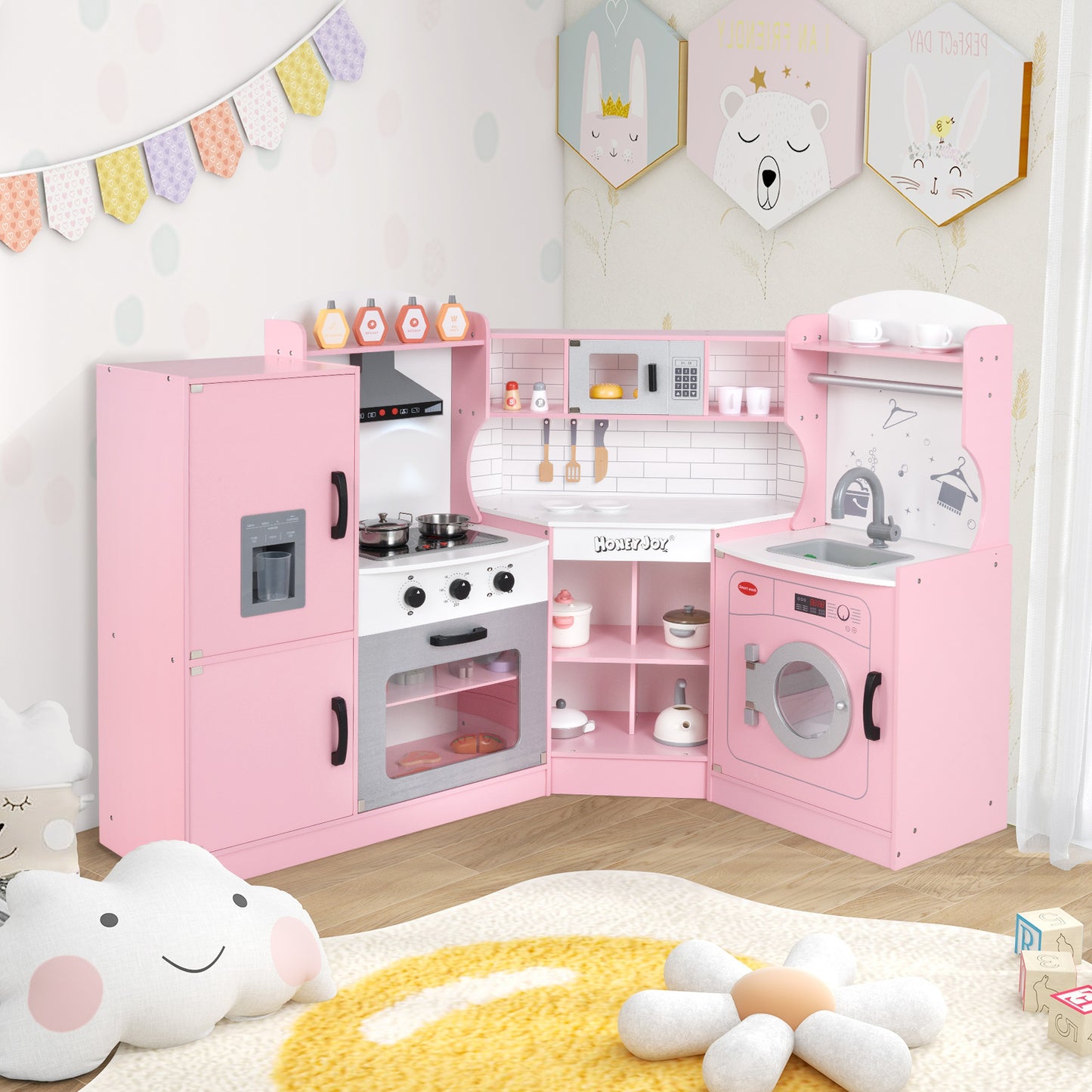 Corner Kids Play Kitchen with Washing Machine and Ice Maker Gift for Boys Girls-Pink Kids Crystal