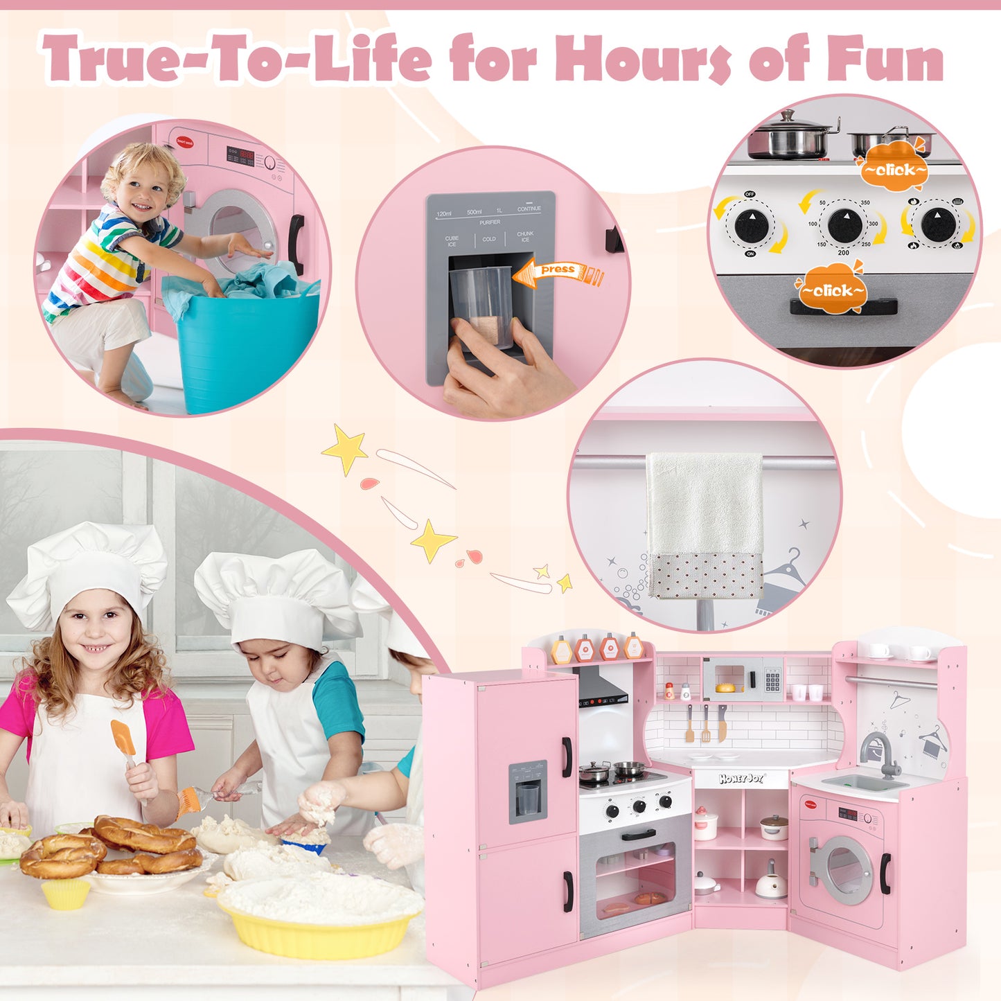 Corner Kids Play Kitchen with Washing Machine and Ice Maker Gift for Boys Girls-Pink Kids Crystal