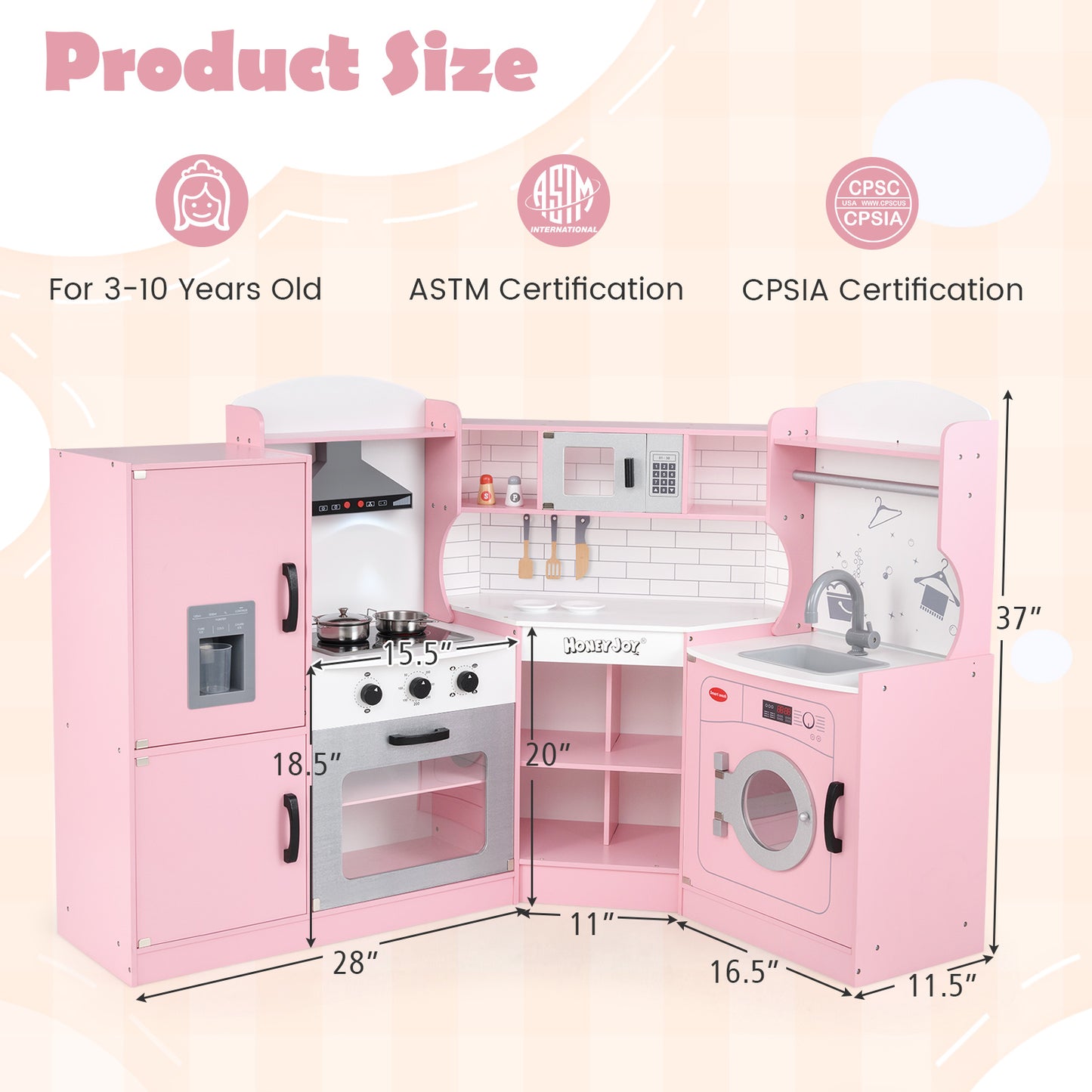 Corner Kids Play Kitchen with Washing Machine and Ice Maker Gift for Boys Girls-Pink Kids Crystal