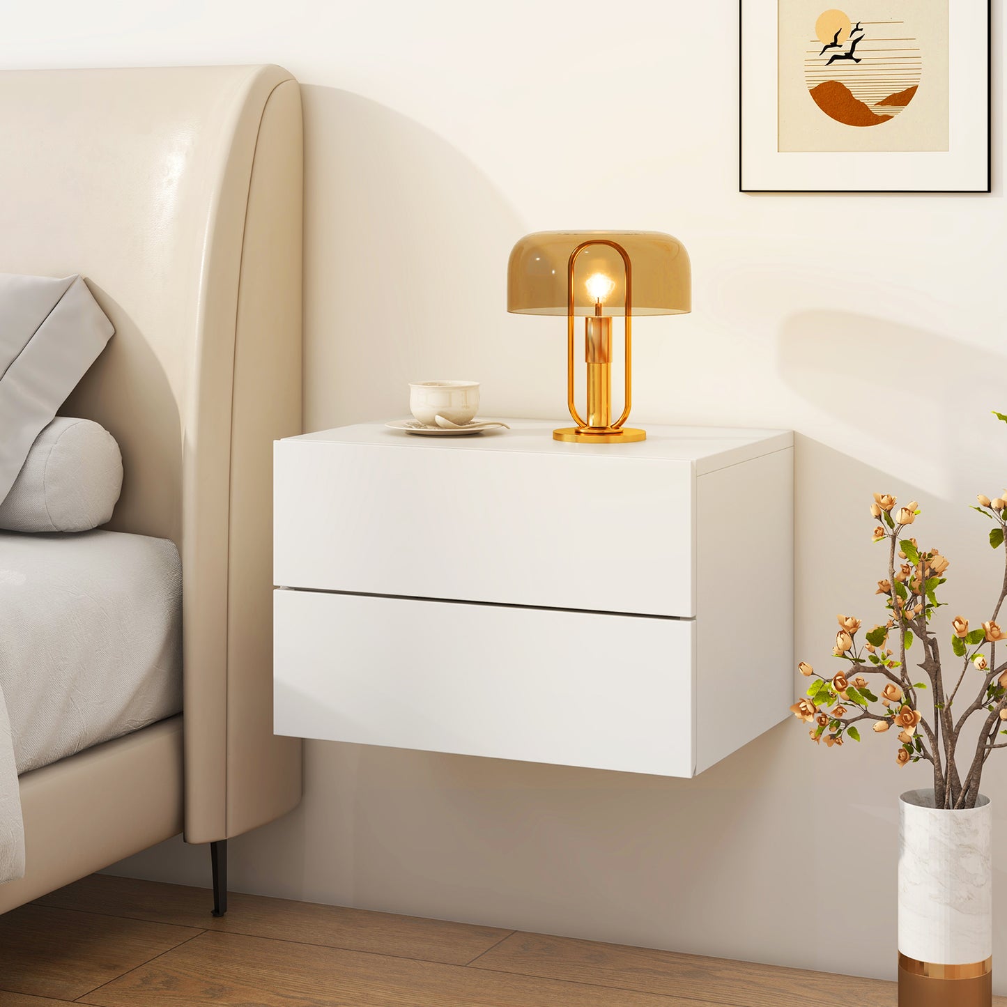 Floating Nightstand with Drawers and Storage Shelf-White Kids Crystal