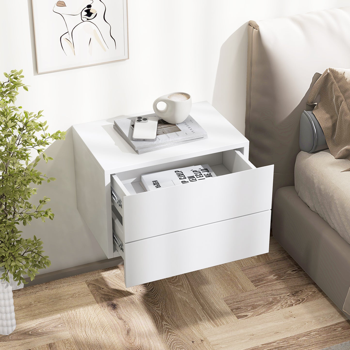 Floating Nightstand with Drawers and Storage Shelf-White Kids Crystal