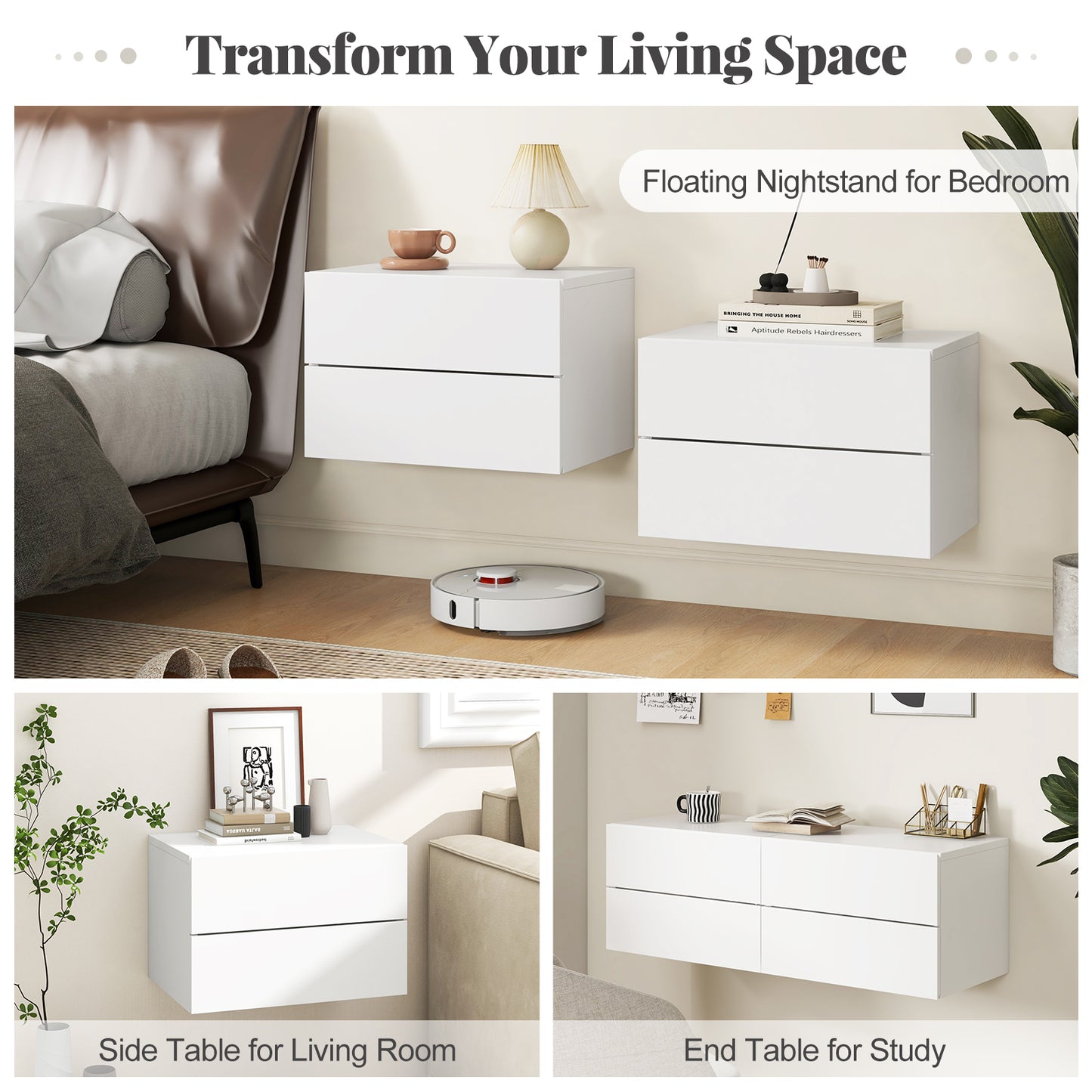 Floating Nightstand with Drawers and Storage Shelf-White Kids Crystal