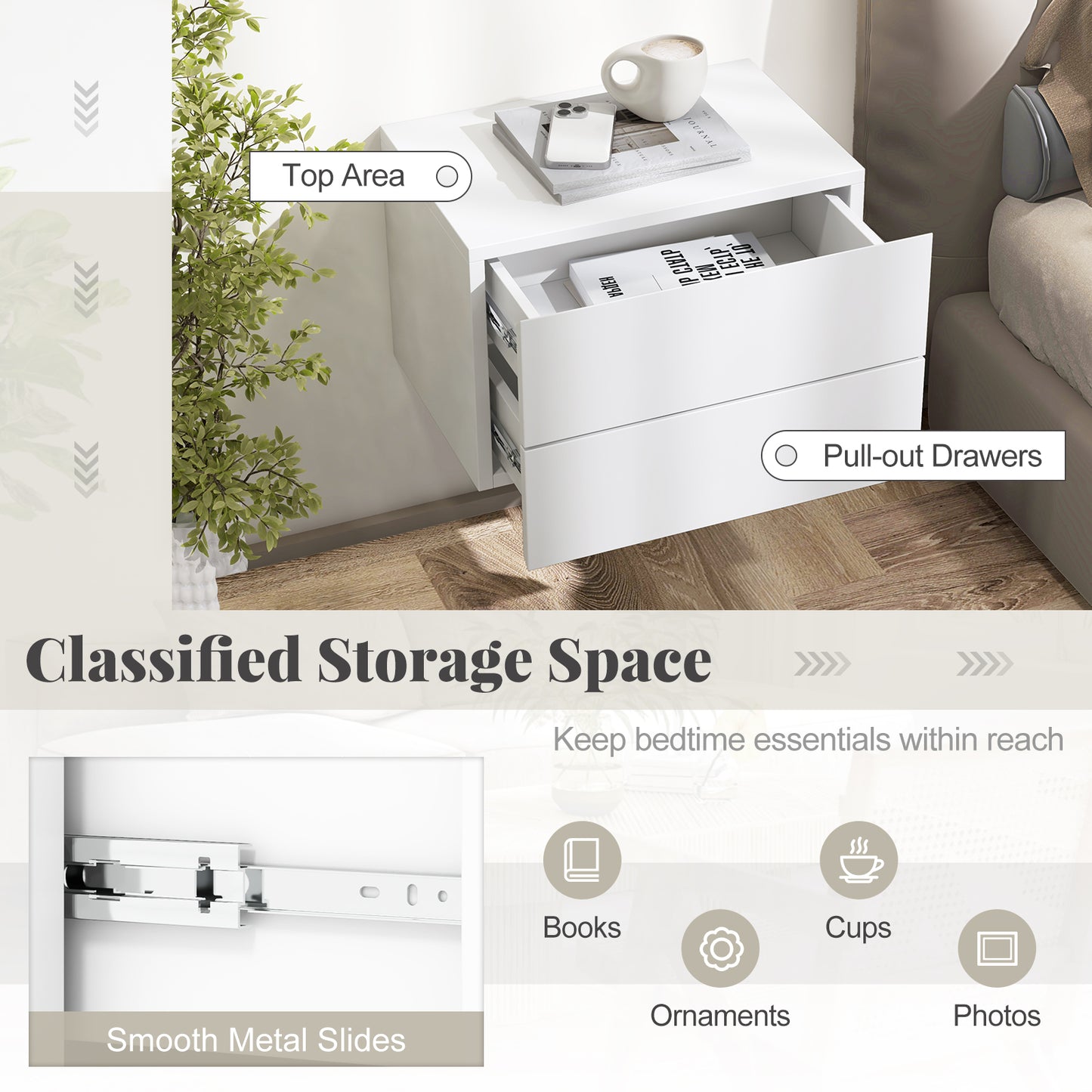 Floating Nightstand with Drawers and Storage Shelf-White Kids Crystal