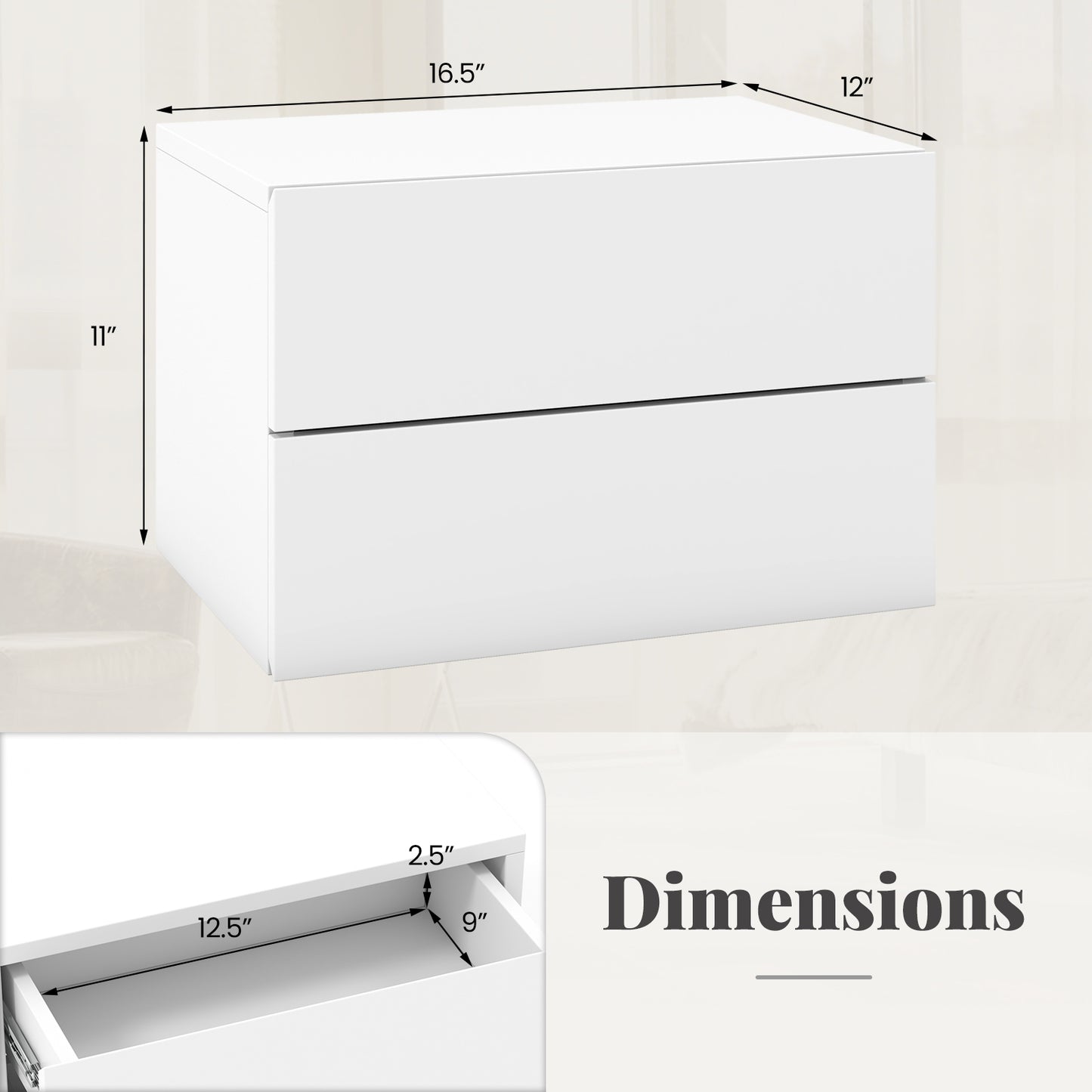 Floating Nightstand with Drawers and Storage Shelf-White Kids Crystal