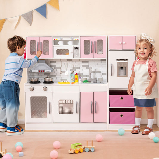Wooden Kitchen Playset with Lights and Sounds for Ages 3+-Pink Kids Crystal