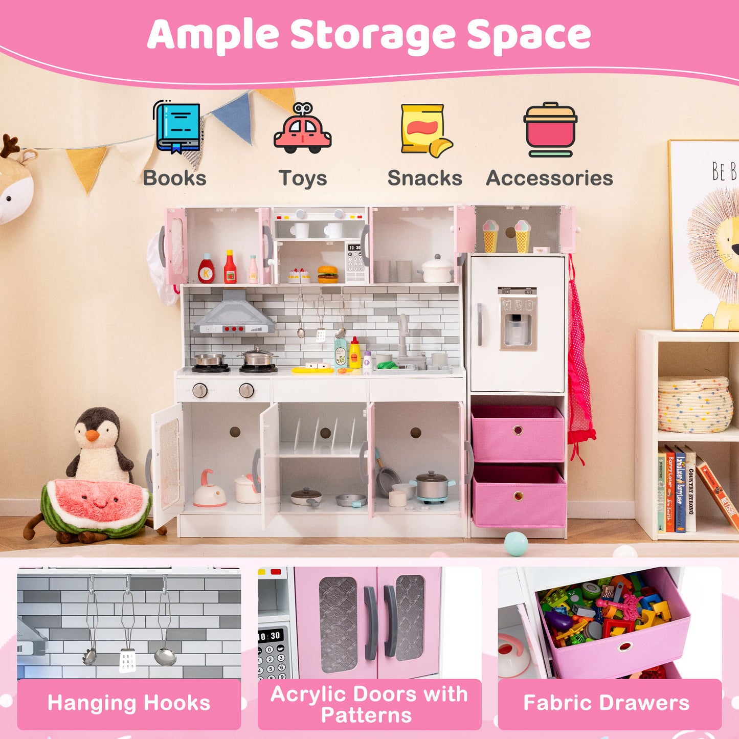 Wooden Kitchen Playset with Lights and Sounds for Ages 3+-Pink Kids Crystal