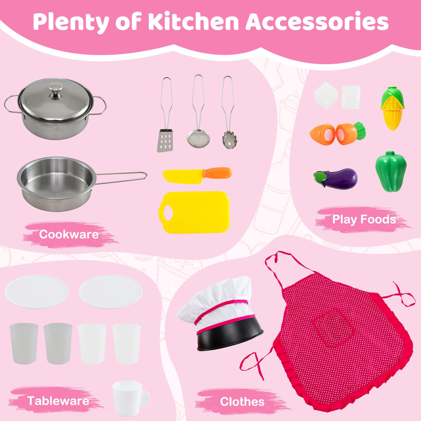Wooden Kitchen Playset with Lights and Sounds for Ages 3+-Pink Kids Crystal