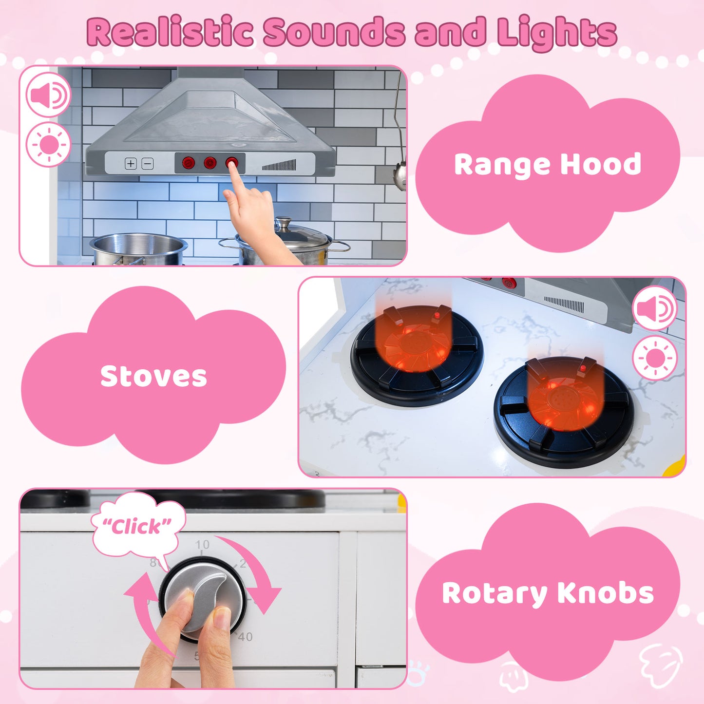 Wooden Kitchen Playset with Lights and Sounds for Ages 3+-Pink Kids Crystal