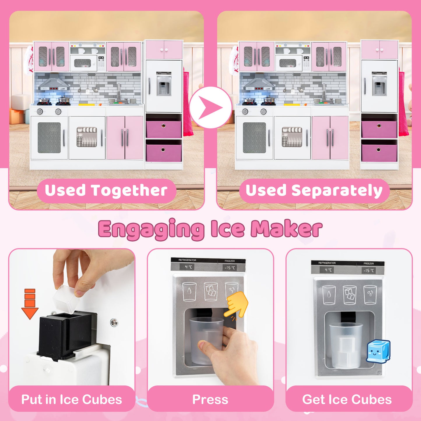 Wooden Kitchen Playset with Lights and Sounds for Ages 3+-Pink Kids Crystal