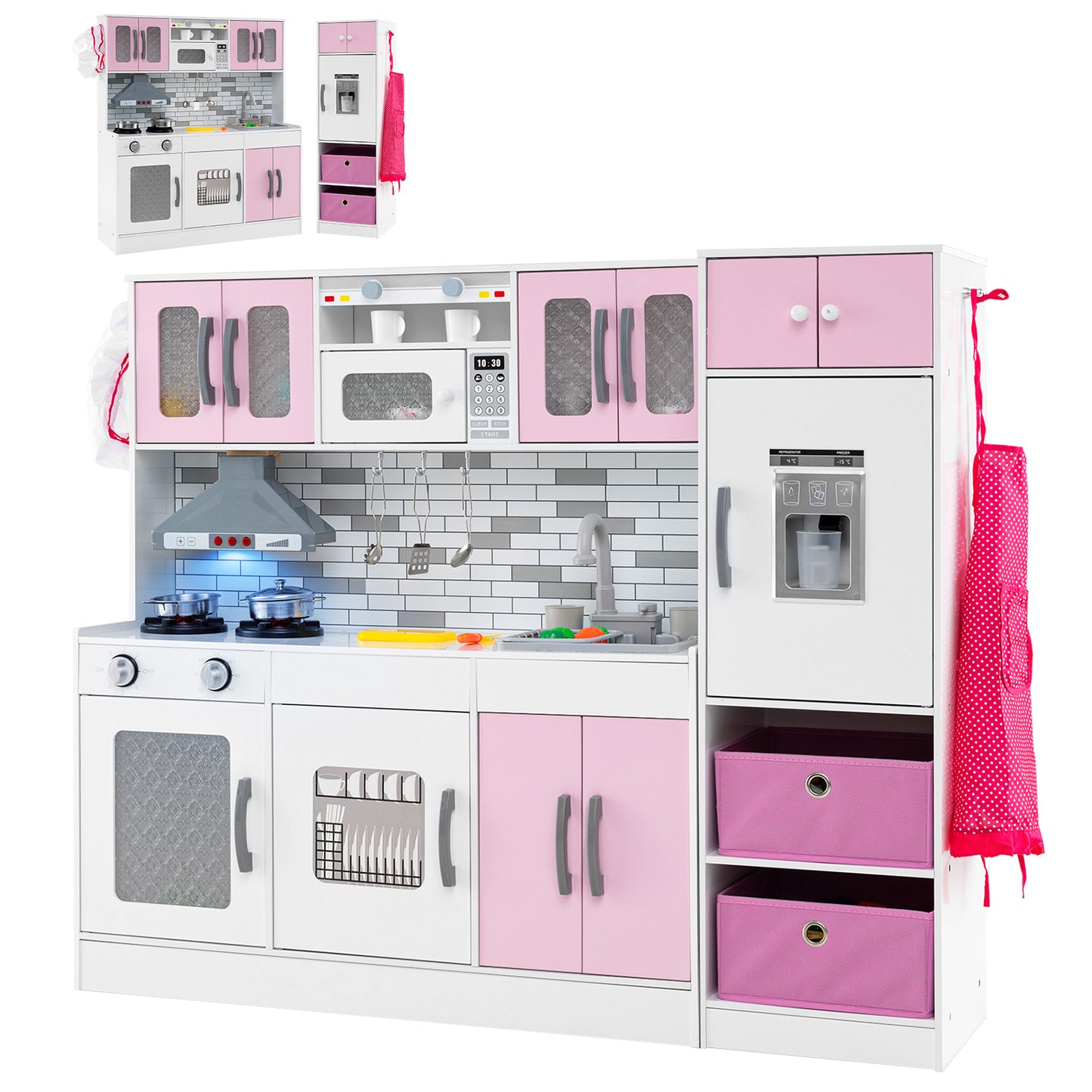 Wooden Kitchen Playset with Lights and Sounds for Ages 3+-Pink Kids Crystal