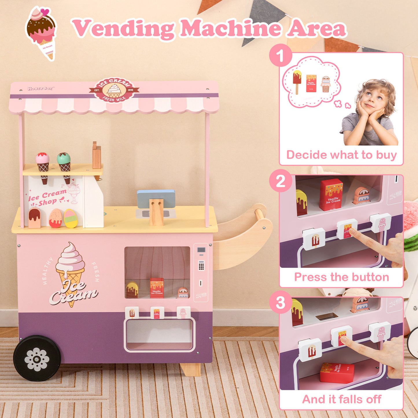 Kids Ice Cream Truck Pretend Play Set for Toddlers with Vending Machine-Pink Kids Crystal