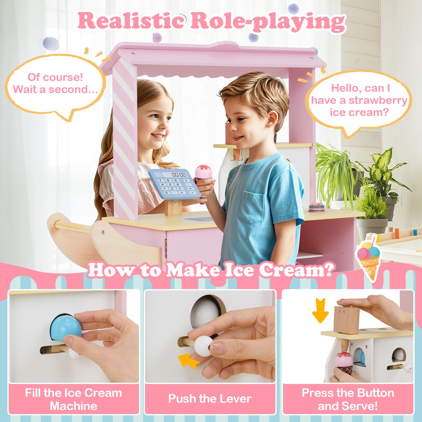 Kids Ice Cream Truck Pretend Play Set for Toddlers with Vending Machine-Pink Kids Crystal