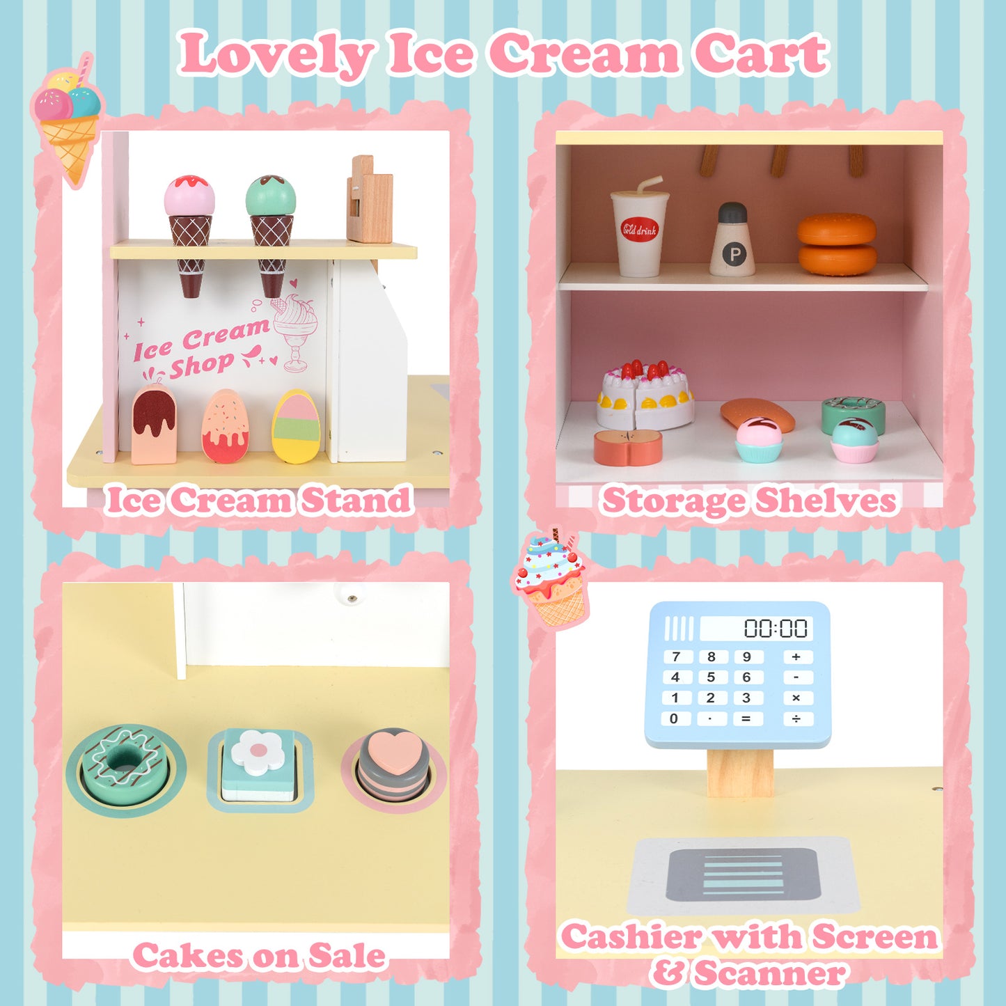 Kids Ice Cream Truck Pretend Play Set for Toddlers with Vending Machine-Pink Kids Crystal