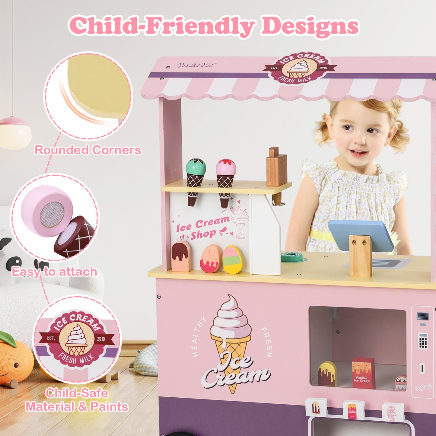 Kids Ice Cream Truck Pretend Play Set for Toddlers with Vending Machine-Pink Kids Crystal