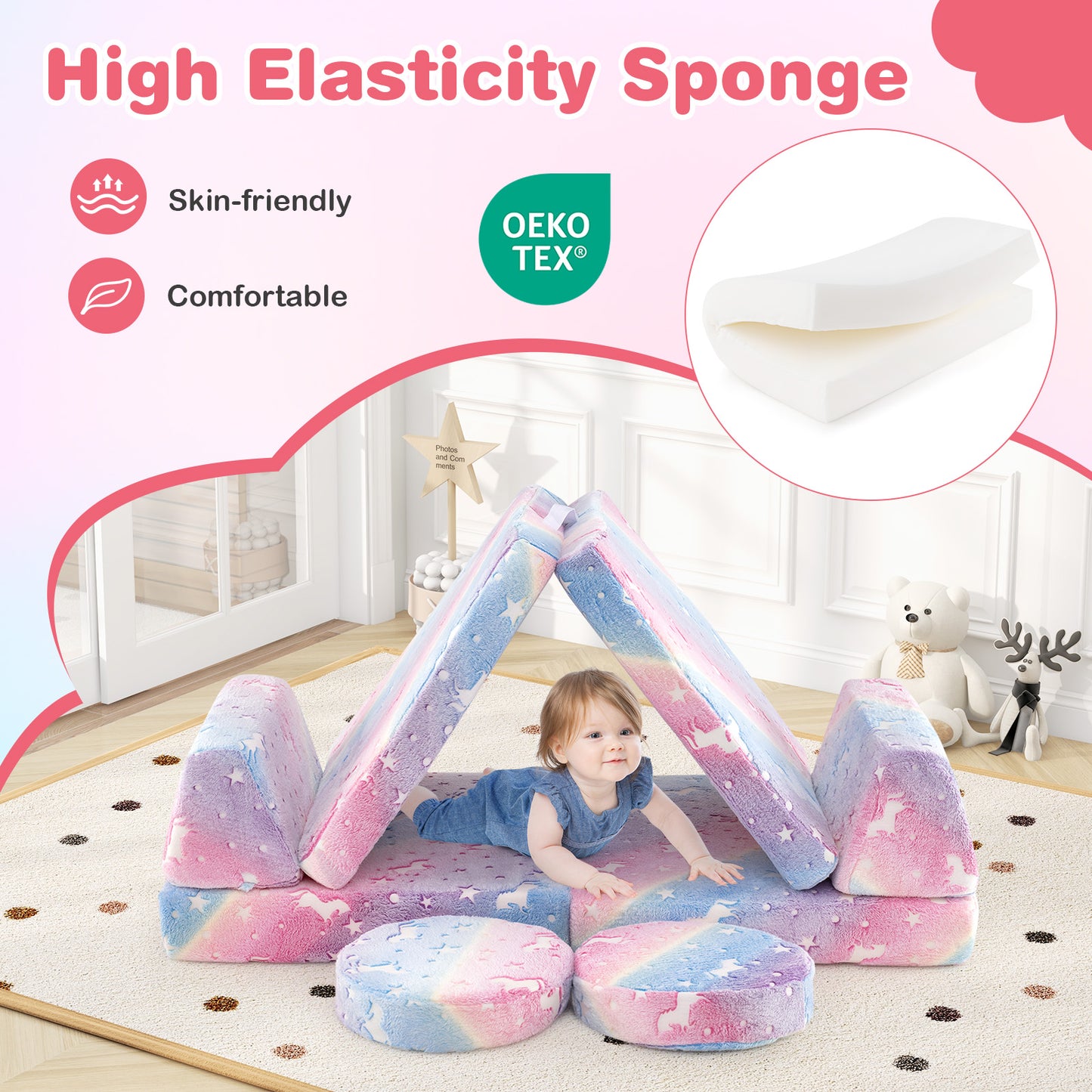 Modular Kids Play Couch Set Glow in the Dark with Portable Handles-Color Kids Crystal