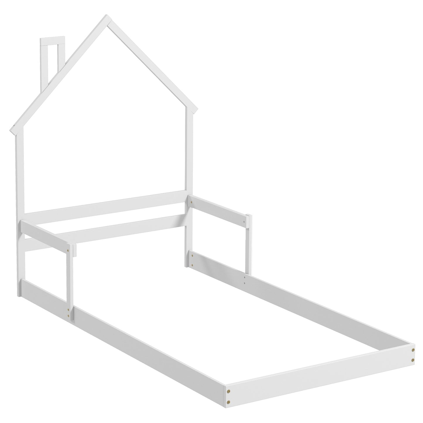 Twin Size Floor Bed with Chimney and Headboard and Handrail-White Kids Crystal