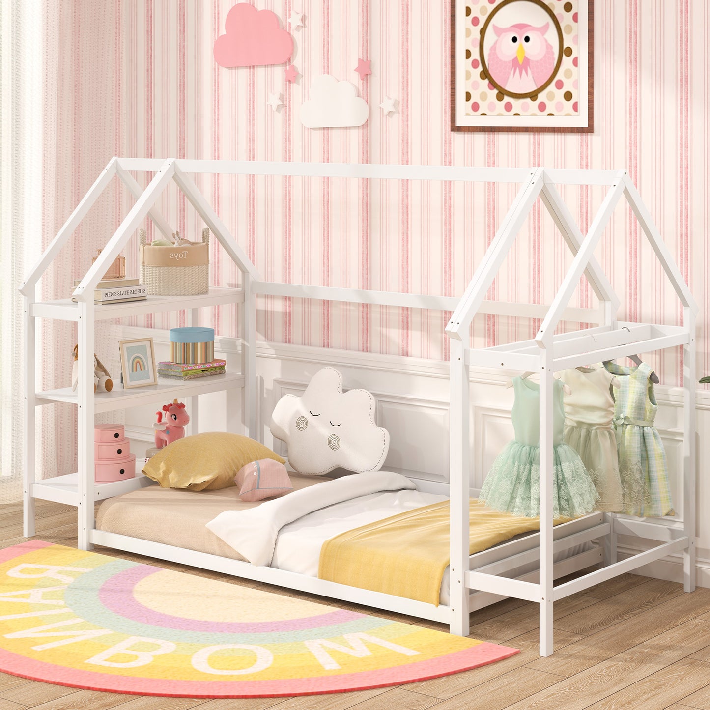 Twin Size Montessori Floor House Bed with Detachable Storage Shelves-White Kids Crystal