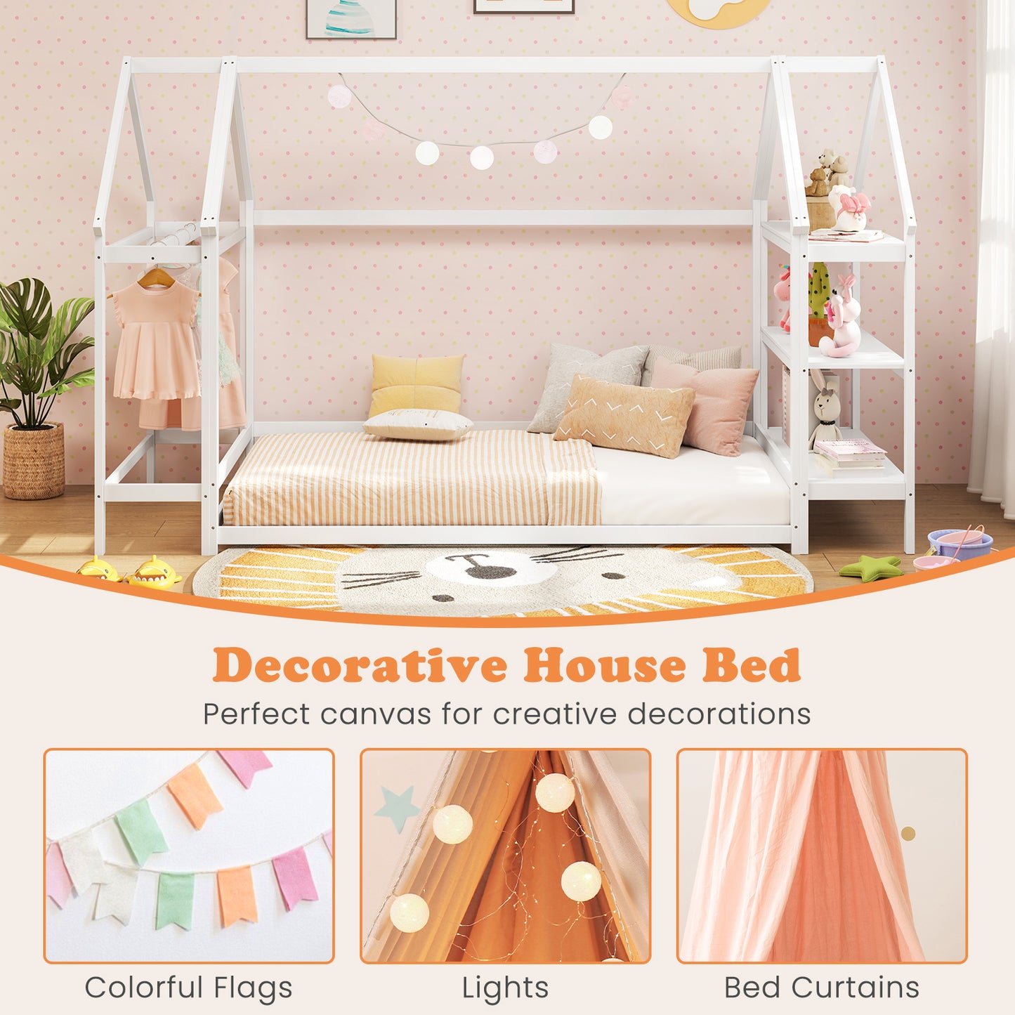 Twin Size Montessori Floor House Bed with Detachable Storage Shelves-White Kids Crystal