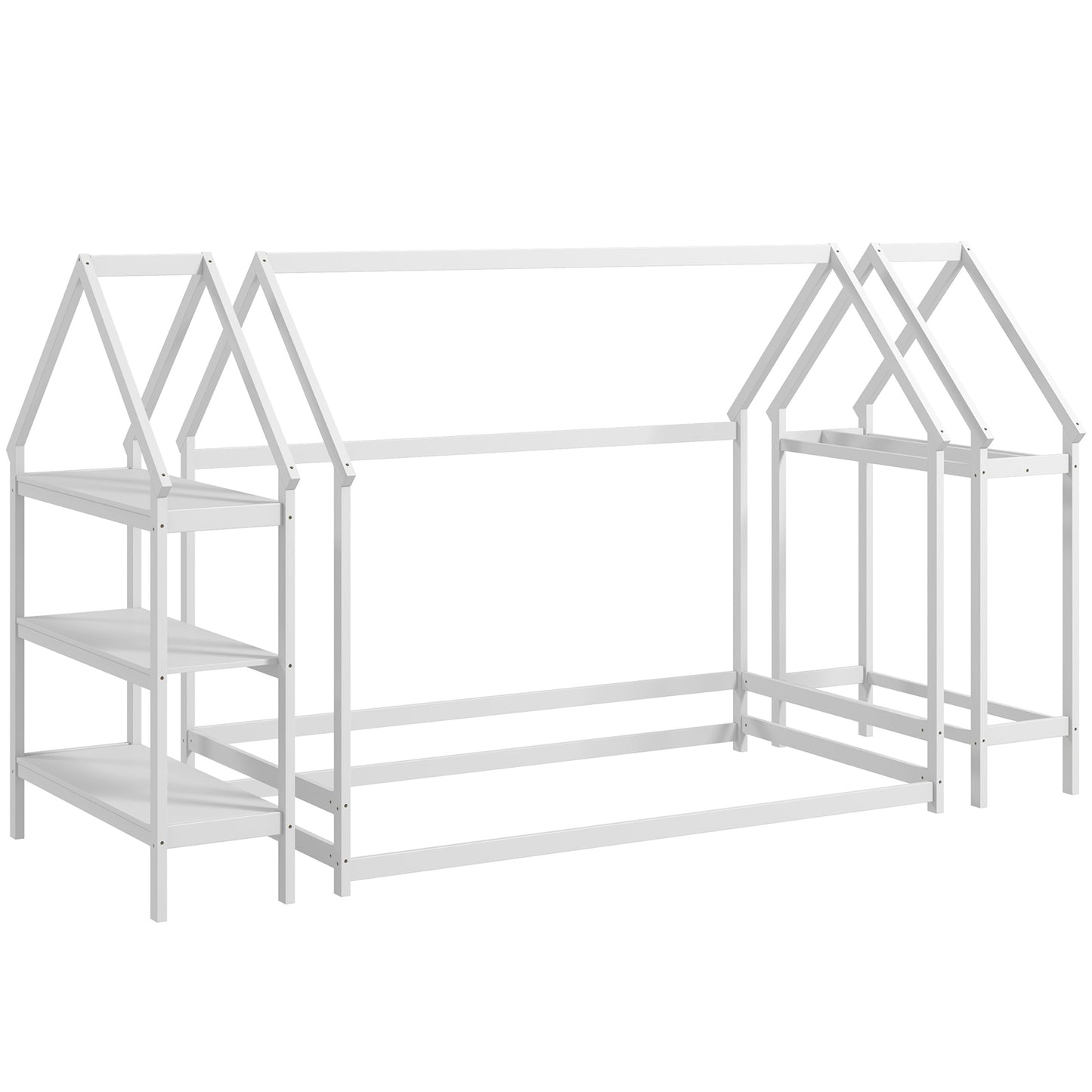 Twin Size Montessori Floor House Bed with Detachable Storage Shelves-White Kids Crystal
