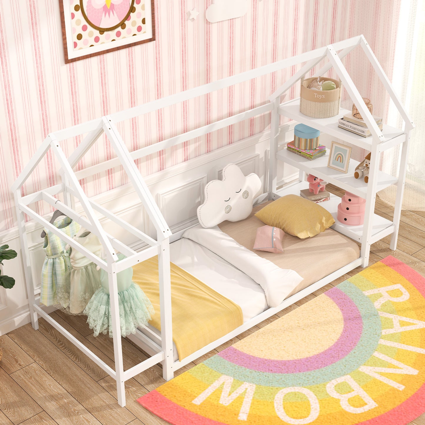 Twin Size Montessori Floor House Bed with Detachable Storage Shelves-White Kids Crystal
