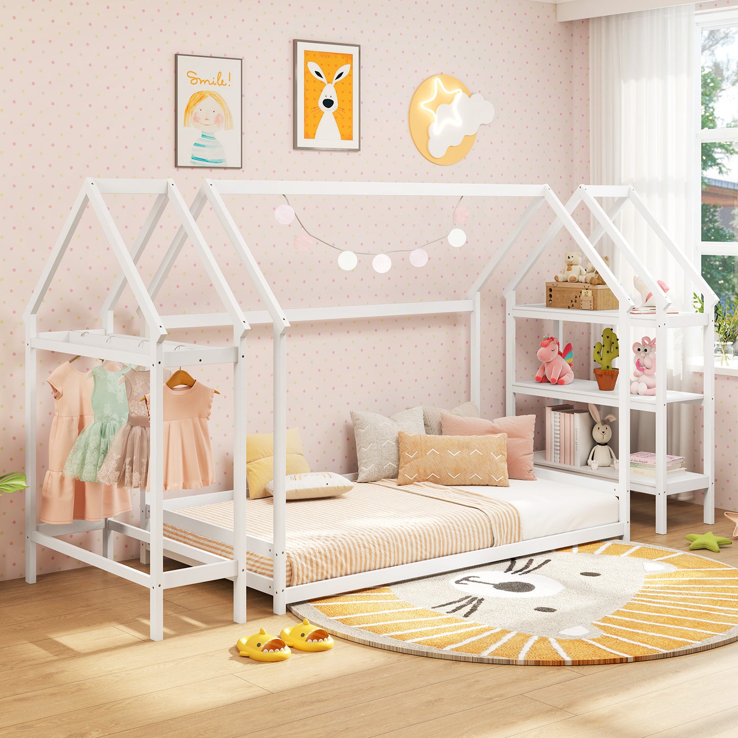 Twin Size Montessori Floor House Bed with Detachable Storage Shelves-White Kids Crystal