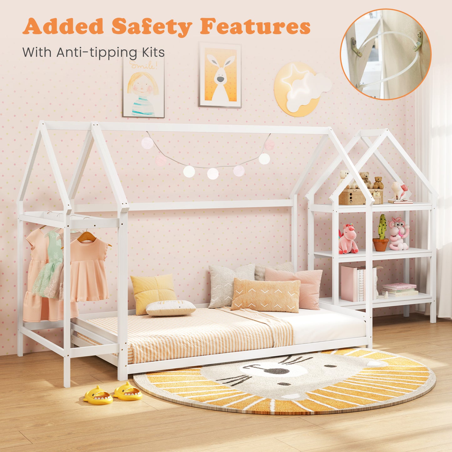 Twin Size Montessori Floor House Bed with Detachable Storage Shelves-White Kids Crystal