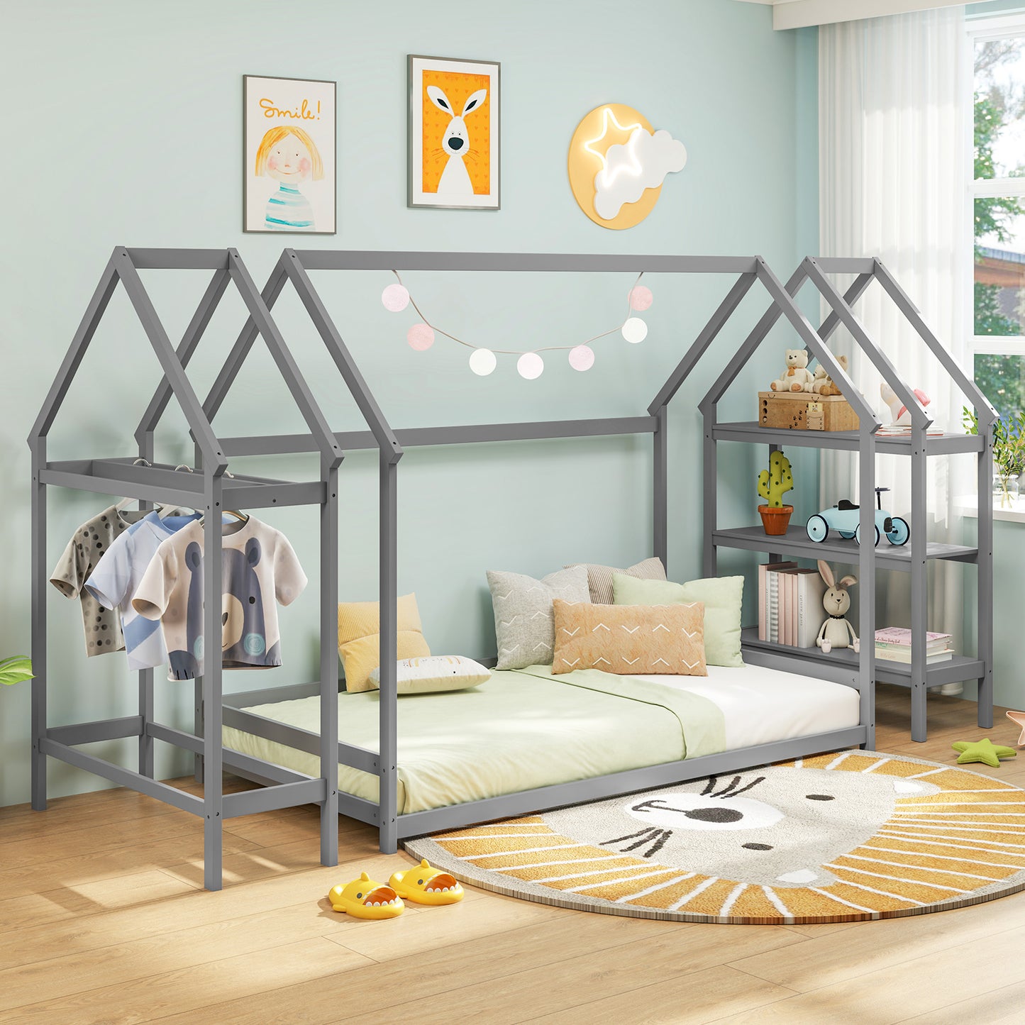 Twin Size Montessori Floor House Bed with Detachable Storage Shelves-Grey Kids Crystal