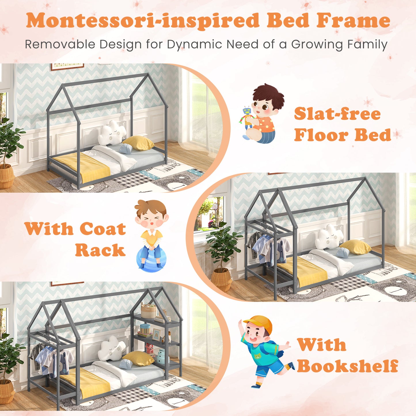Twin Size Montessori Floor House Bed with Detachable Storage Shelves-Grey Kids Crystal