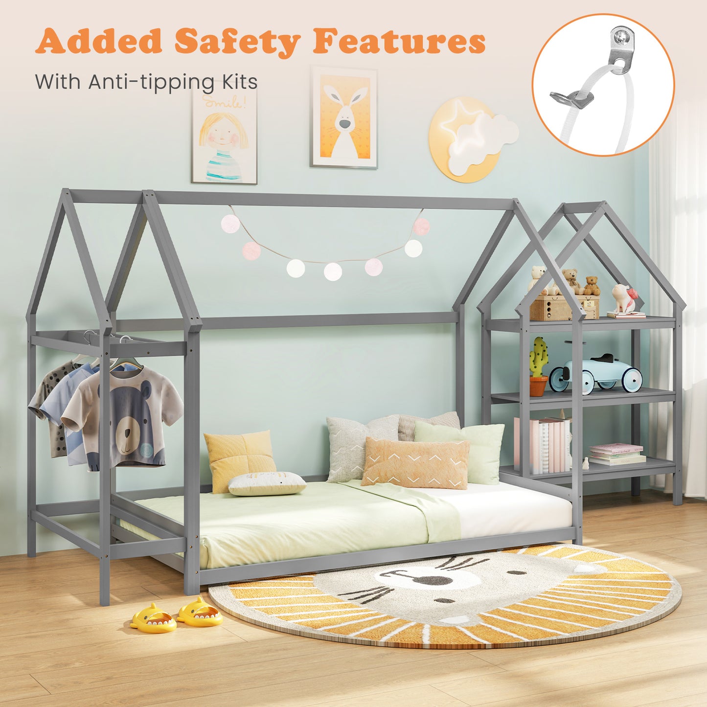 Twin Size Montessori Floor House Bed with Detachable Storage Shelves-Grey Kids Crystal