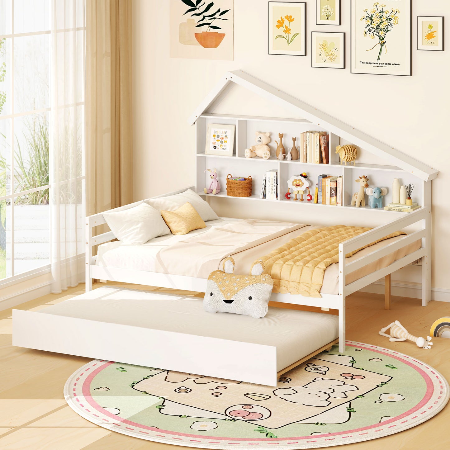 House-Shaped Full Size Daybed with Twin Size Trundle-White Kids Crystal
