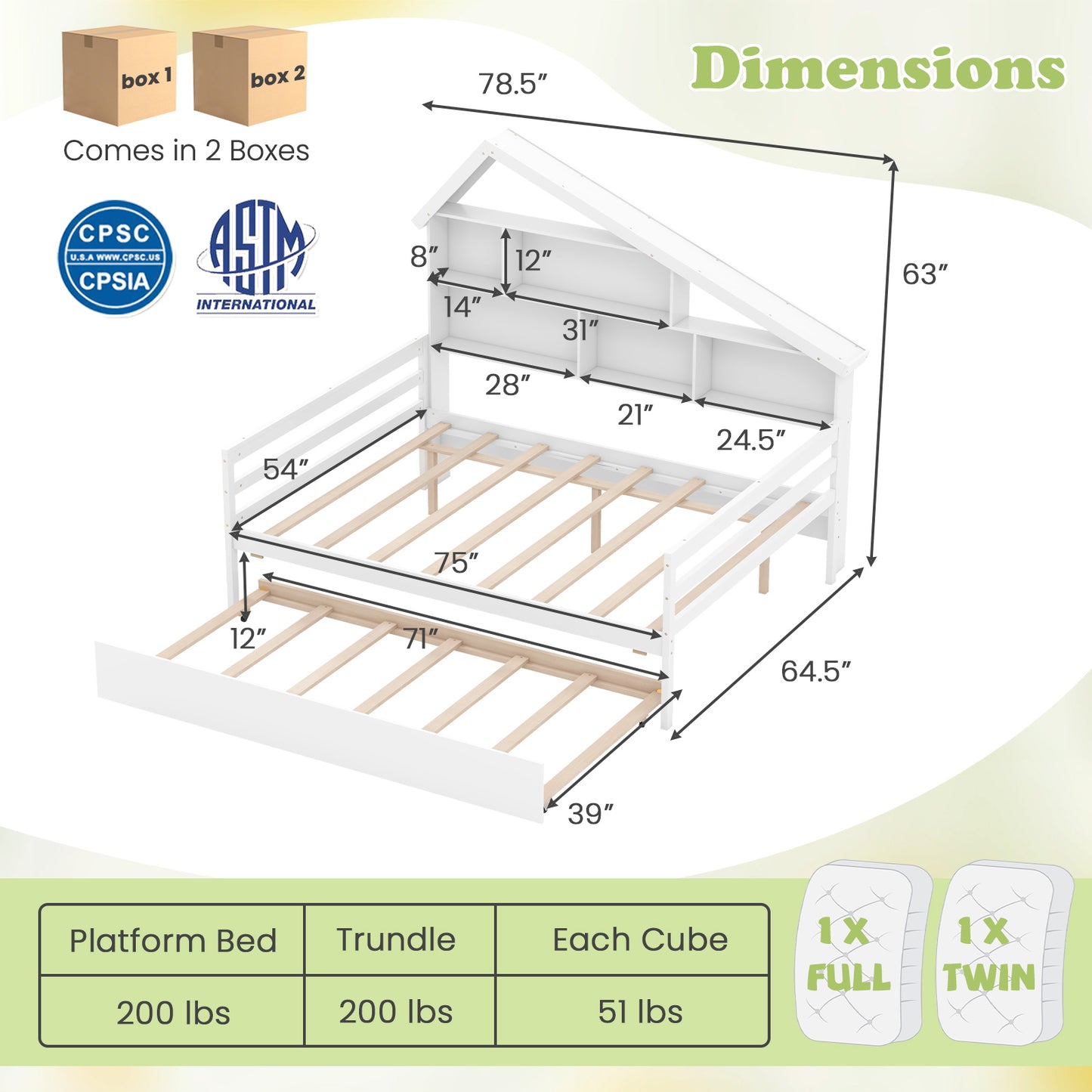 House-Shaped Full Size Daybed with Twin Size Trundle-White Kids Crystal