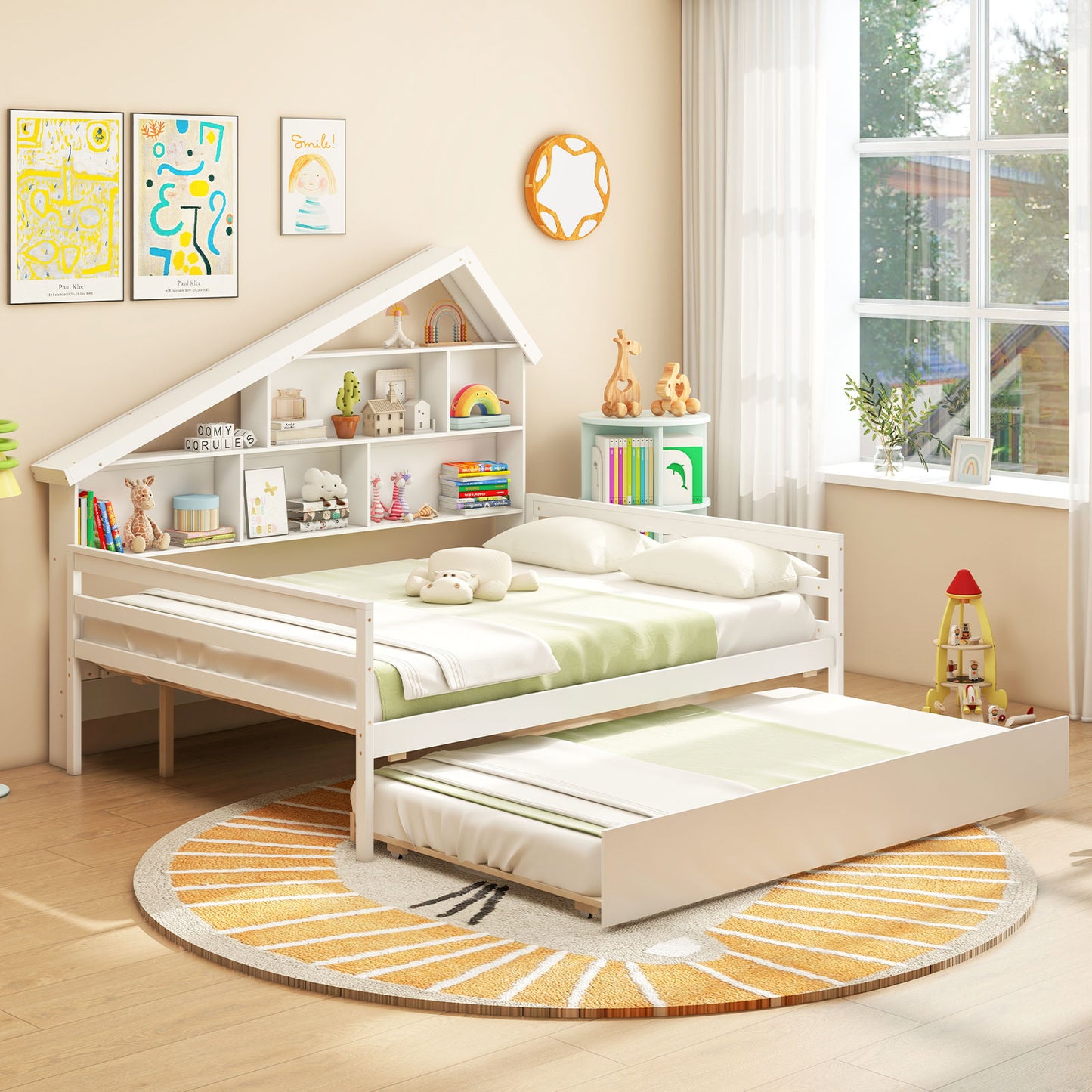House-Shaped Full Size Daybed with Twin Size Trundle-White Kids Crystal