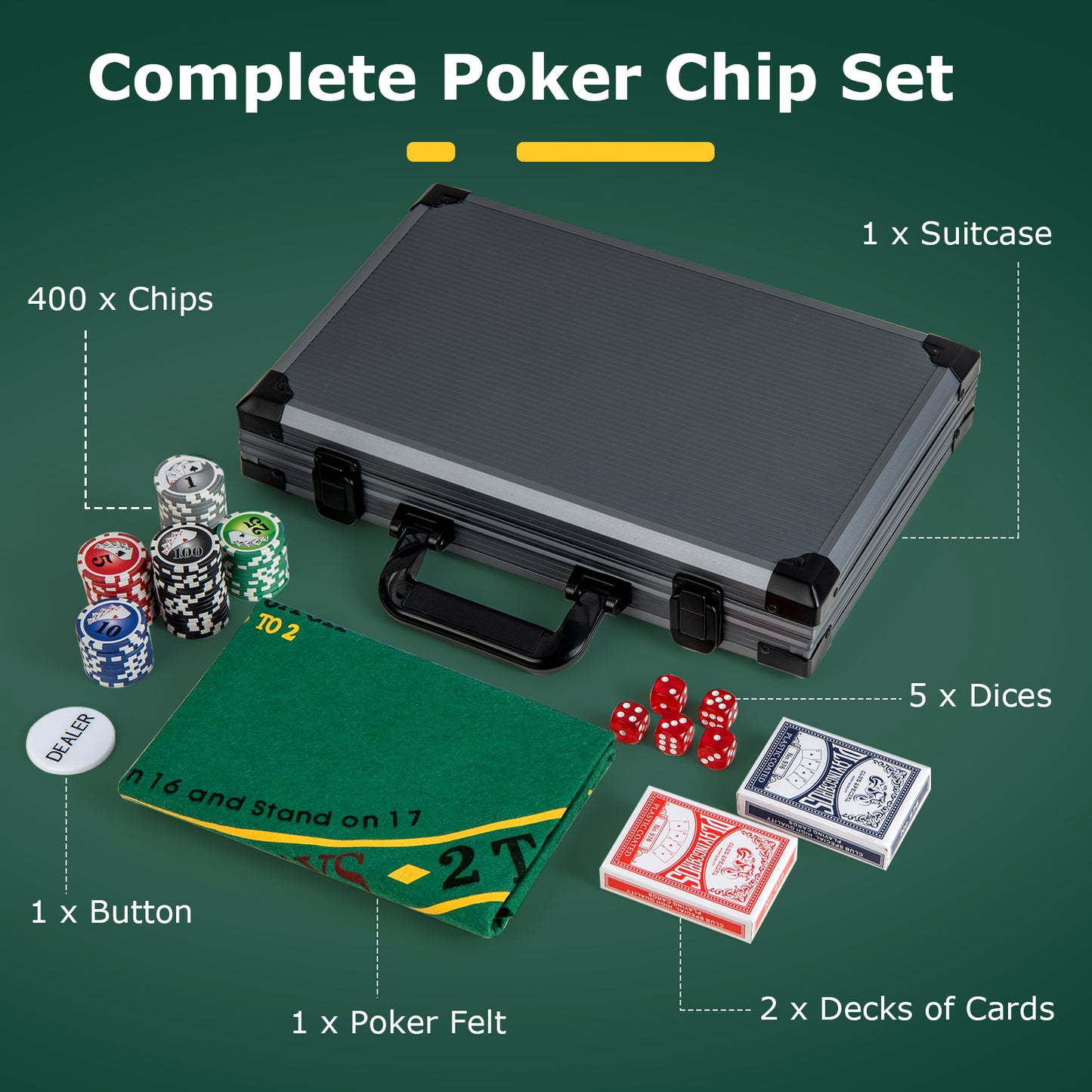 Texas Holdem Poker Chip Set Casino Poker Chips with 400 Pieces Chips-Black Kids Crystal