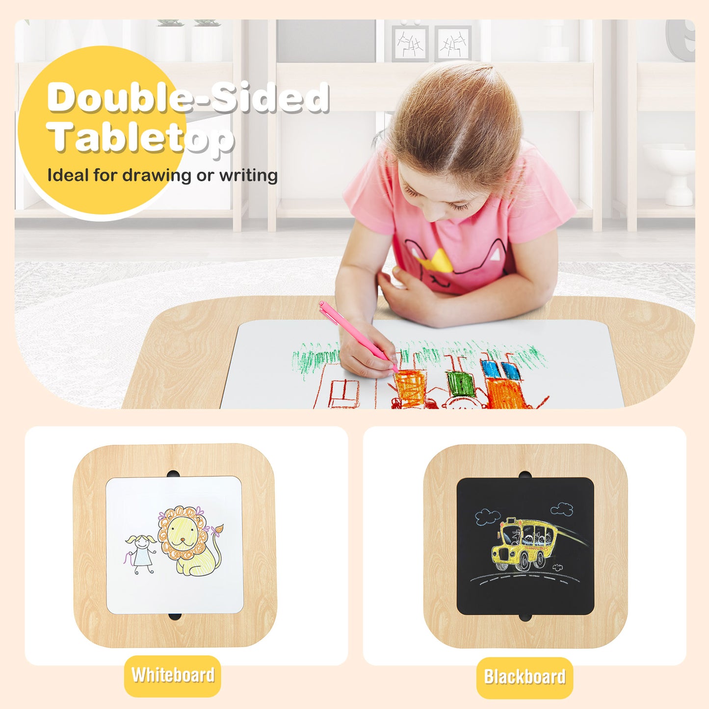 Kid's Table and Chairs Set with Double-sized Tabletop-Natural Kids Crystal