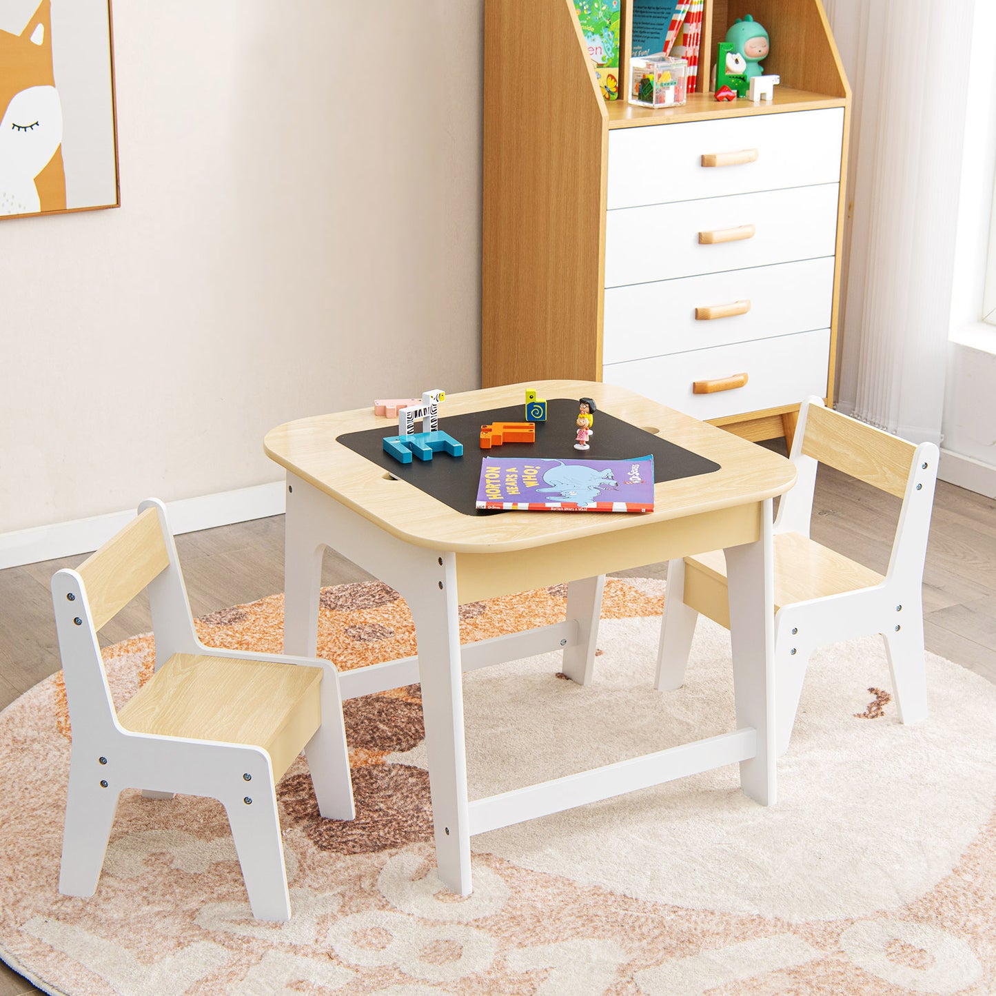 Kid's Table and Chairs Set with Double-sized Tabletop-Natural Kids Crystal