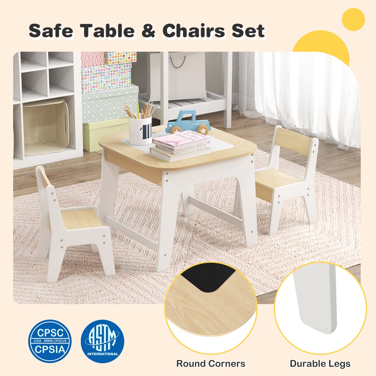 Kid's Table and Chairs Set with Double-sized Tabletop-Natural Kids Crystal