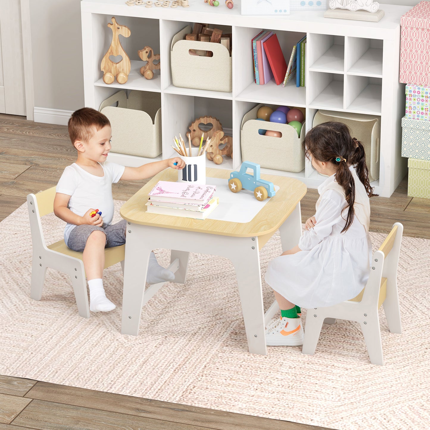 Kid's Table and Chairs Set with Double-sized Tabletop-Natural Kids Crystal