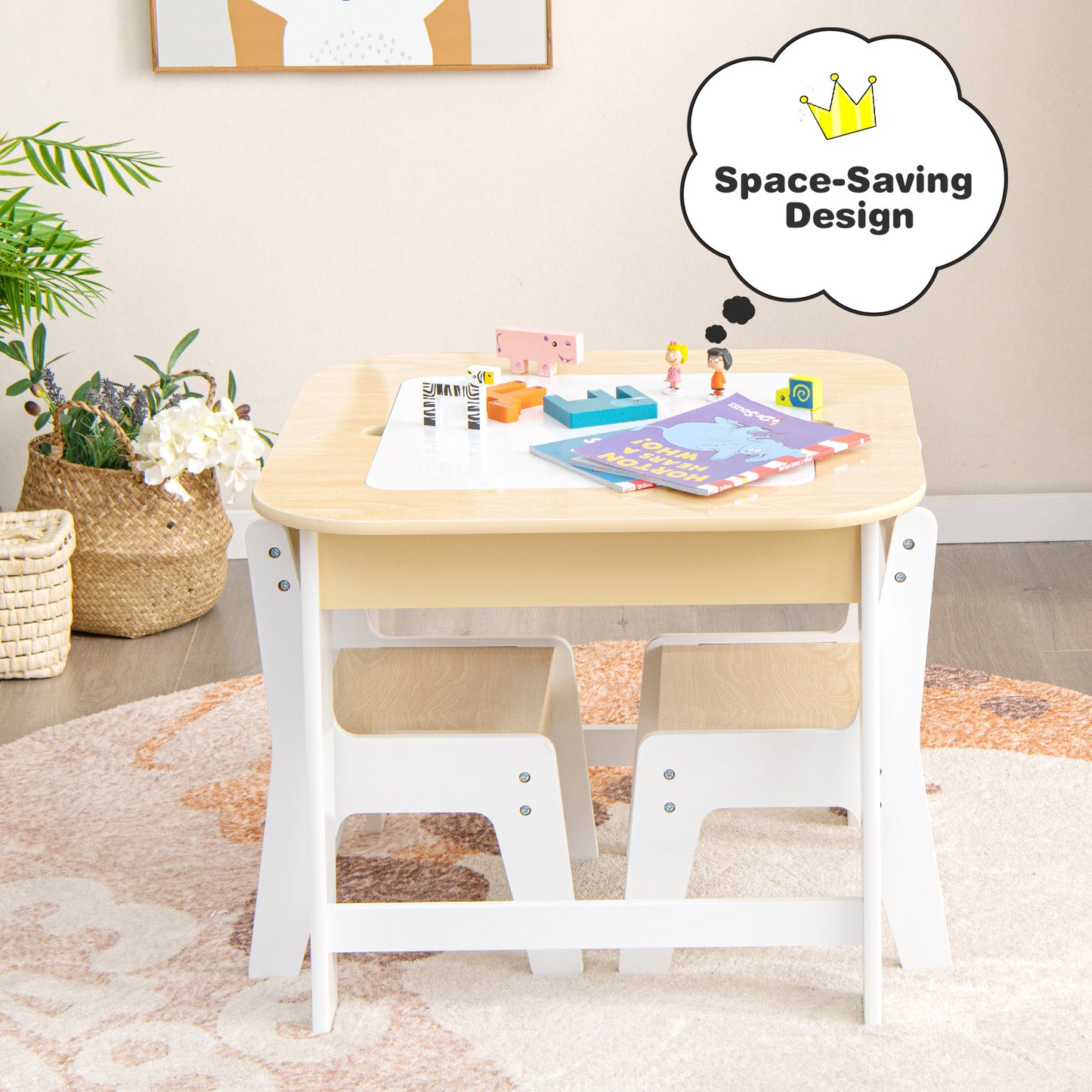 Kid's Table and Chairs Set with Double-sized Tabletop-Natural Kids Crystal