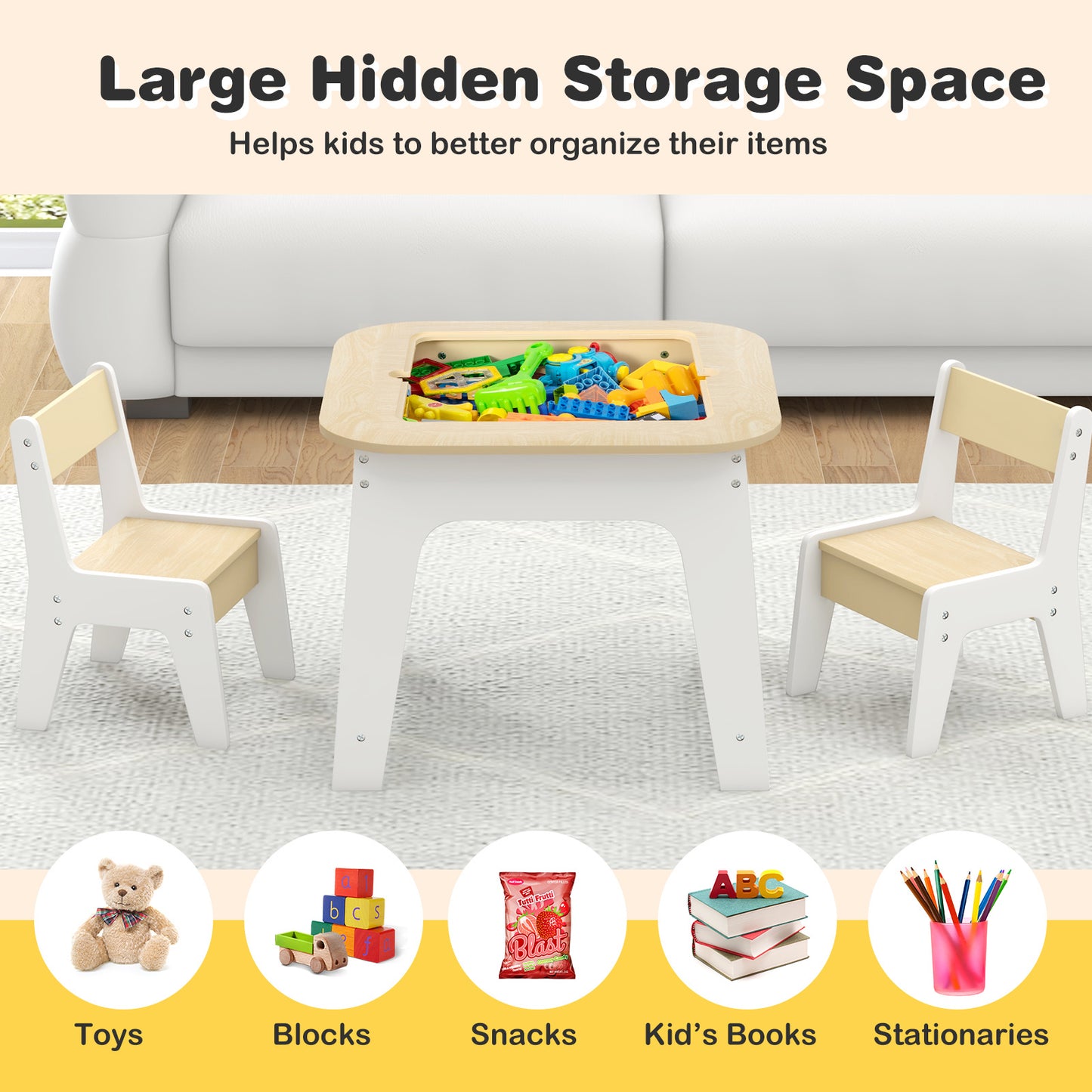 Kid's Table and Chairs Set with Double-sized Tabletop-Natural Kids Crystal