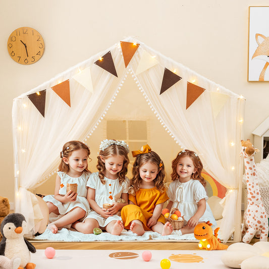 Large Toddler Playhouse Tent with Door Curtains Windows-Beige Kids Crystal