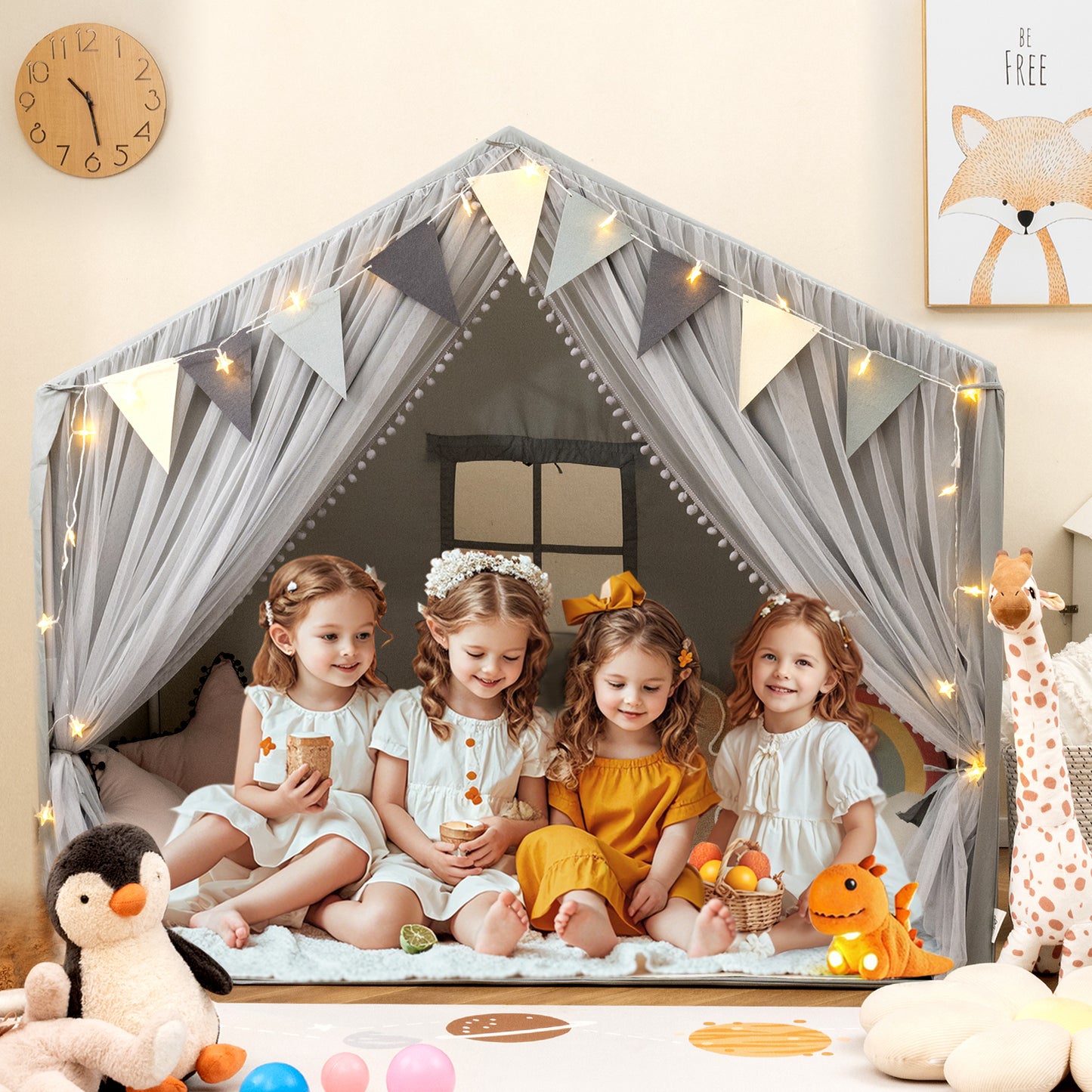 Large Toddler Playhouse Tent with Door Curtains Windows-Gray Kids Crystal