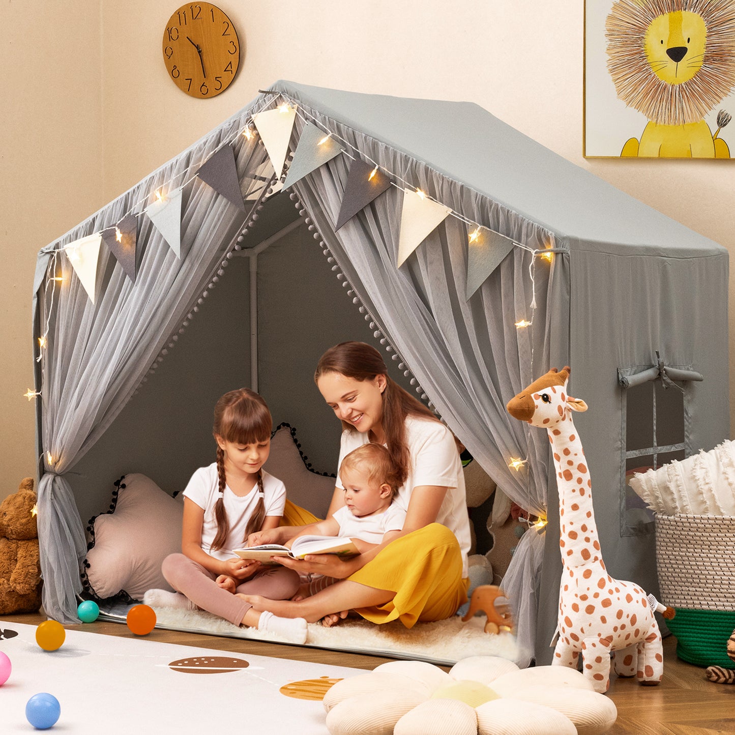 Large Toddler Playhouse Tent with Door Curtains Windows-Gray Kids Crystal
